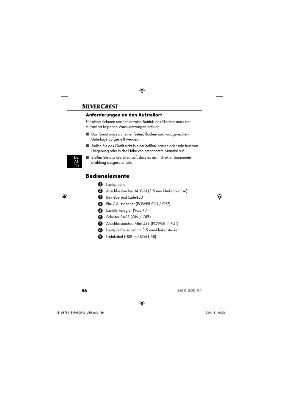 Bedienelemente, Anforderungen an den aufstellort | Silvercrest SMA 500 A1 User Manual | Page 59 / 67