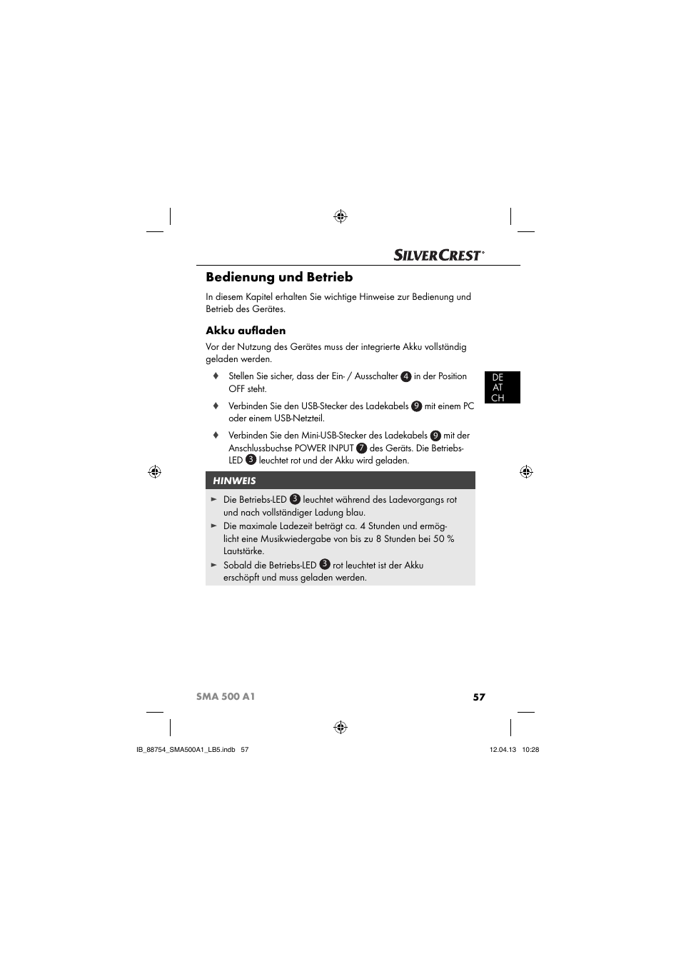 Bedienung und betrieb, Akku auﬂ aden | Silvercrest SMA 500 A1 User Manual | Page 60 / 67