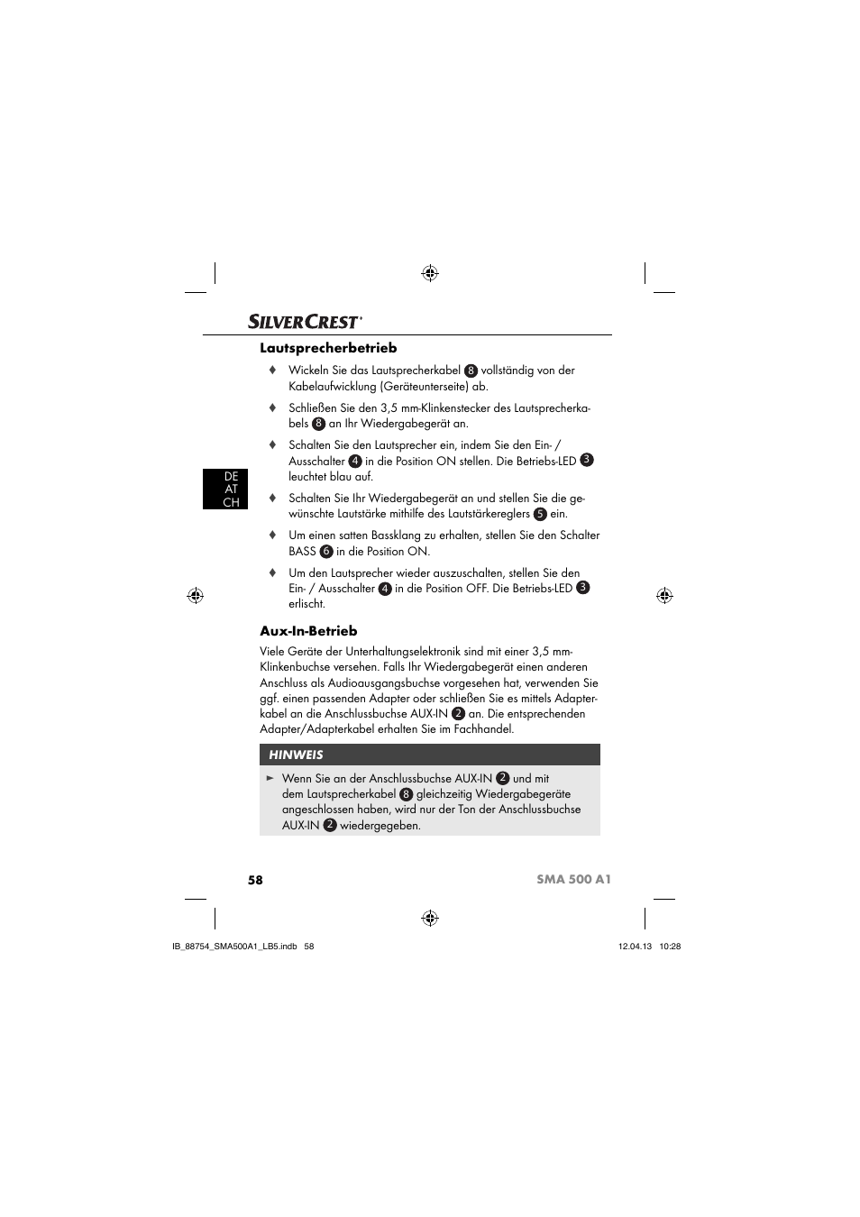 Lautsprecherbetrieb, Aux-in-betrieb | Silvercrest SMA 500 A1 User Manual | Page 61 / 67