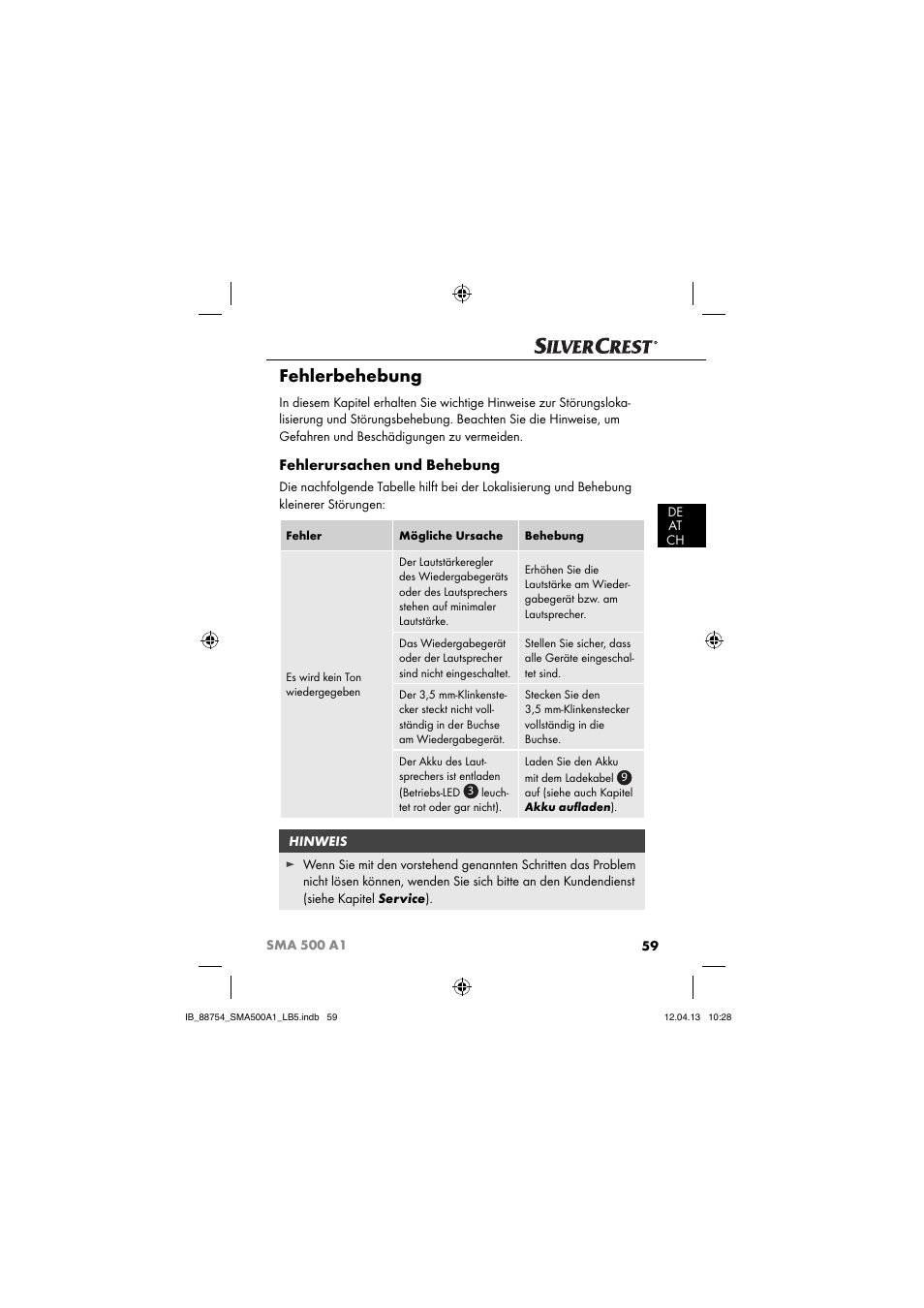 Fehlerbehebung, Fehlerursachen und behebung | Silvercrest SMA 500 A1 User Manual | Page 62 / 67