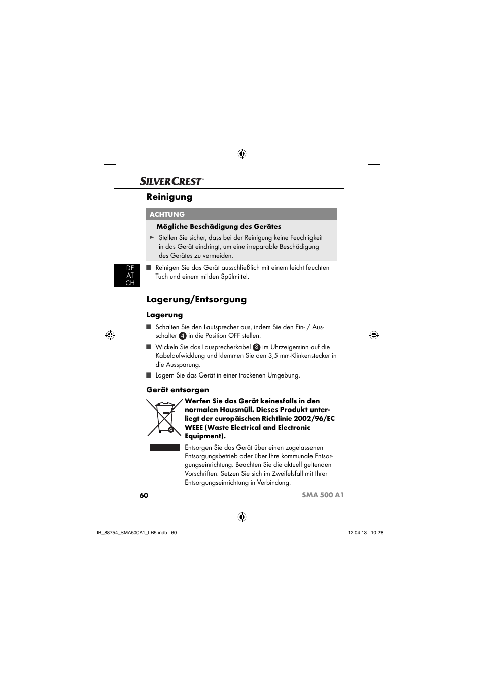 Reinigung, Lagerung/entsorgung, Lagerung | Gerät entsorgen | Silvercrest SMA 500 A1 User Manual | Page 63 / 67