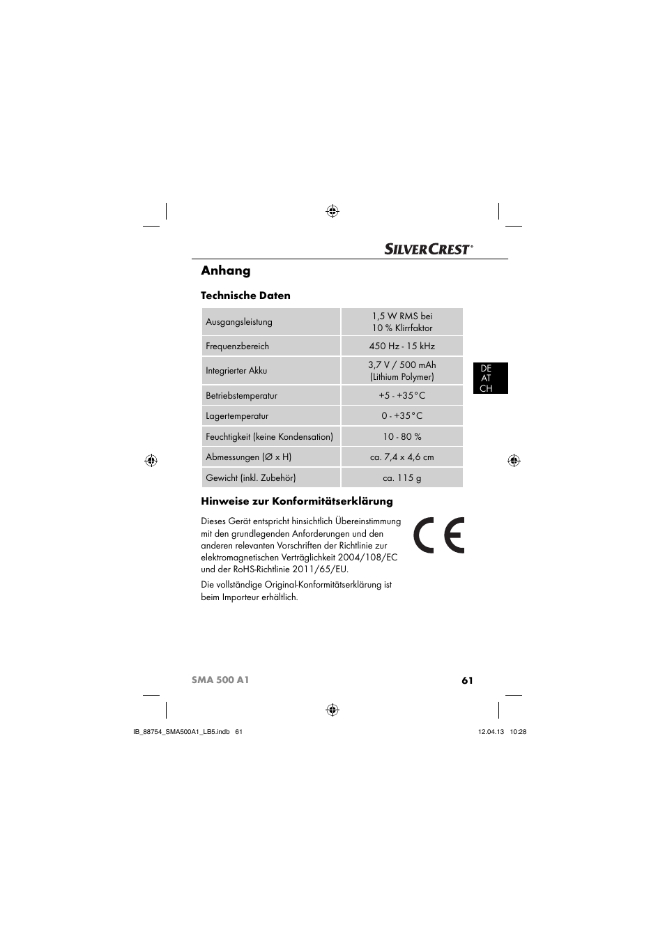 Anhang, Technische daten, Hinweise zur konformitätserklärung | Silvercrest SMA 500 A1 User Manual | Page 64 / 67