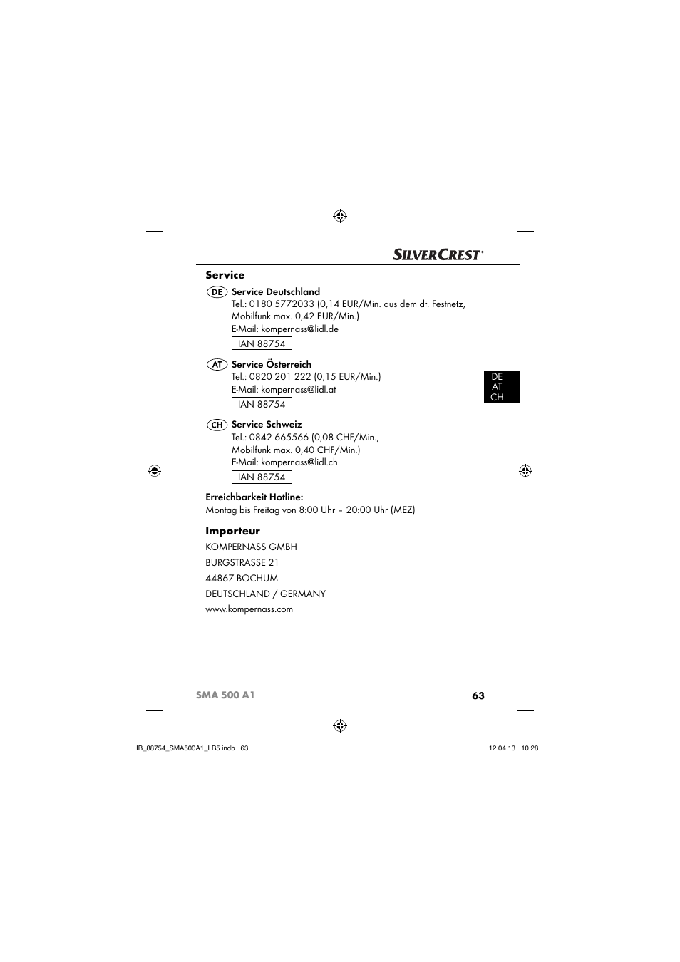 Service, Importeur | Silvercrest SMA 500 A1 User Manual | Page 66 / 67