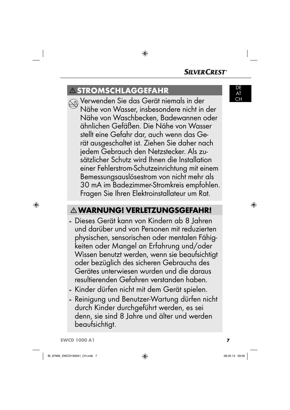Warnung! verletzungsgefahr, Kinder dürfen nicht mit dem gerät spielen | Silvercrest SWCD 1000 A1 User Manual | Page 10 / 60