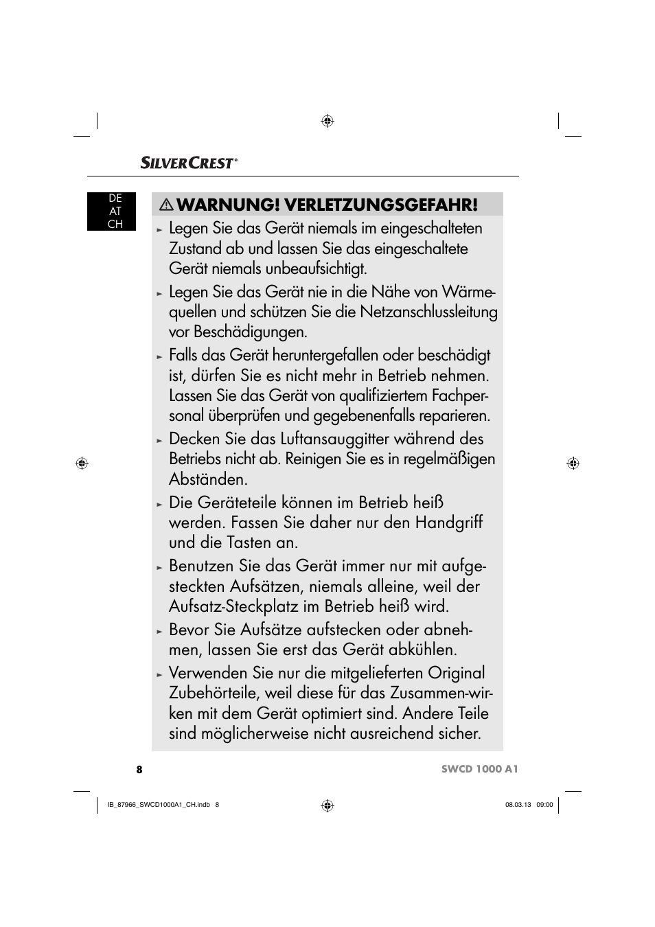 Warnung! verletzungsgefahr | Silvercrest SWCD 1000 A1 User Manual | Page 11 / 60