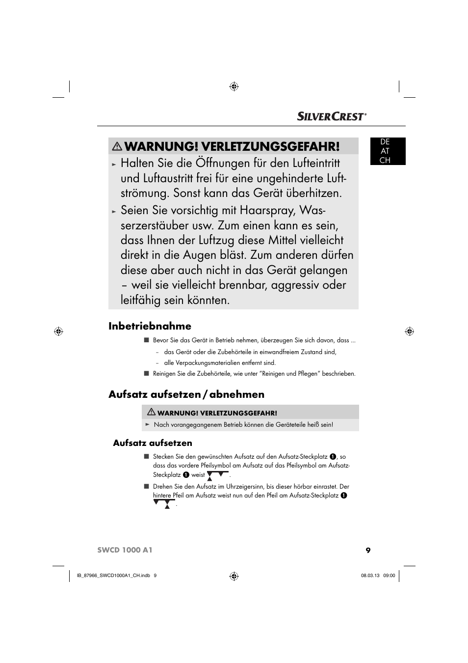 Warnung! verletzungsgefahr, Inbetriebnahme, Aufsatz aufsetzen / abnehmen | Aufsatz aufsetzen | Silvercrest SWCD 1000 A1 User Manual | Page 12 / 60