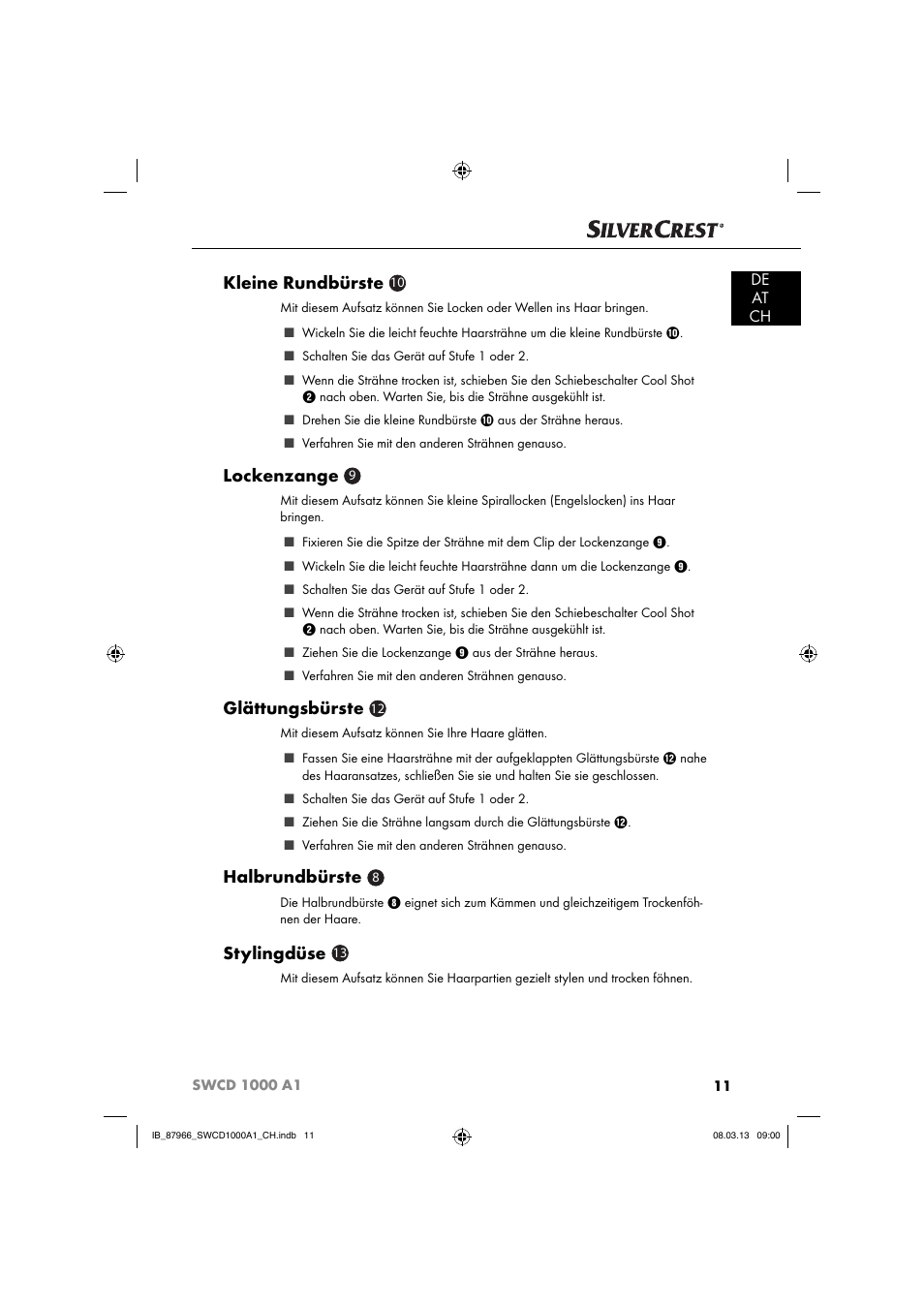 Kleine rundbürste, Lockenzange, Glättungsbürste | Halbrundbürste, Stylingdüse, De at ch | Silvercrest SWCD 1000 A1 User Manual | Page 14 / 60