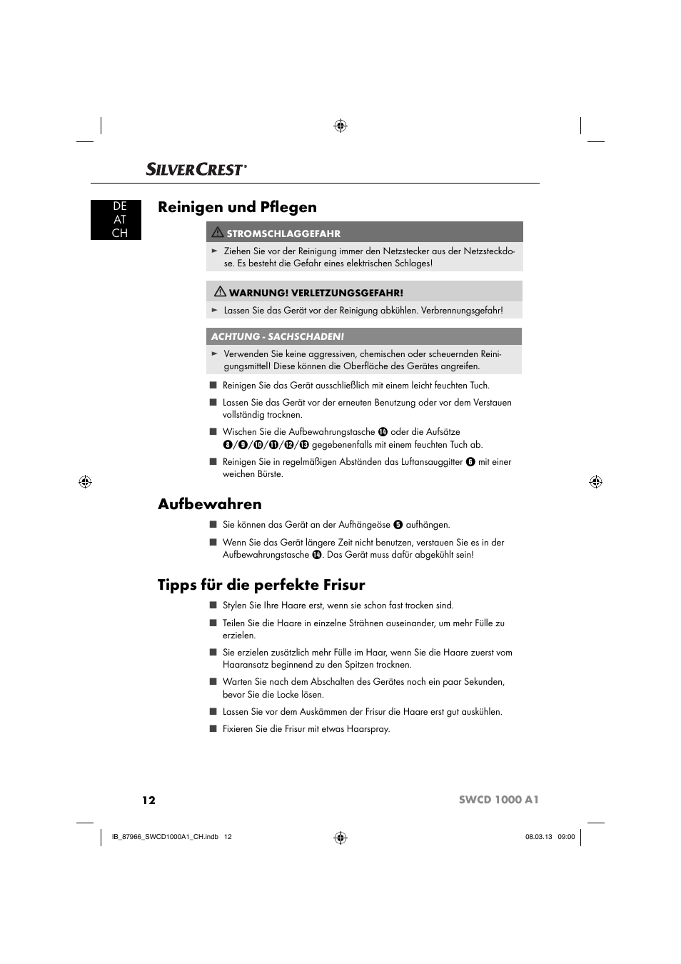 Reinigen und pﬂ egen, Aufbewahren, Tipps für die perfekte frisur | De at ch | Silvercrest SWCD 1000 A1 User Manual | Page 15 / 60