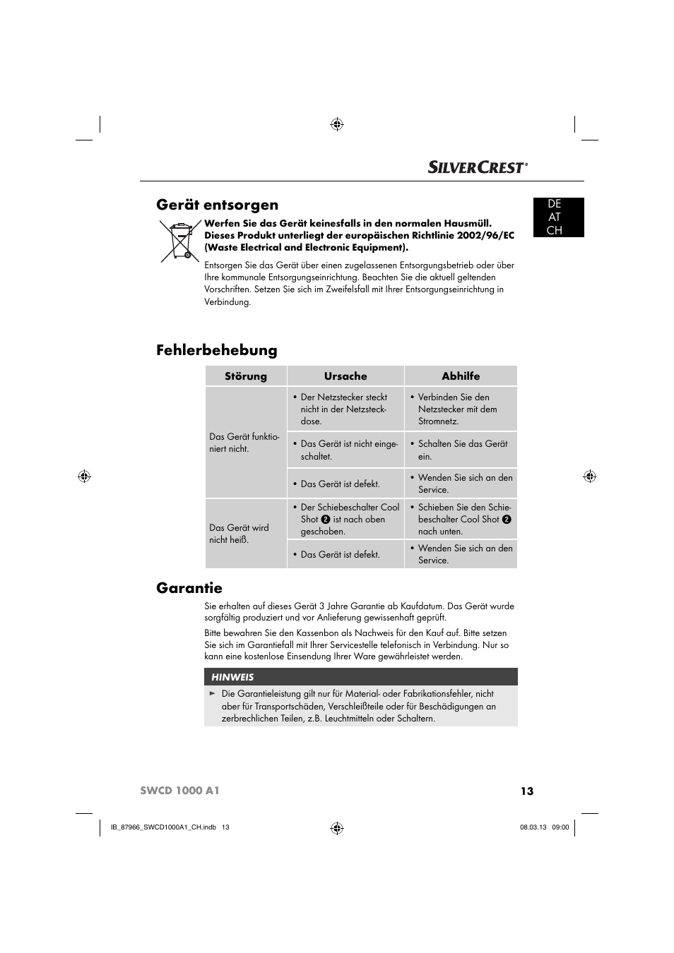 Gerät entsorgen, Fehlerbehebung, Garantie | De at ch | Silvercrest SWCD 1000 A1 User Manual | Page 16 / 60