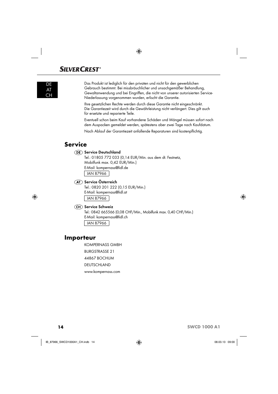 Service, Importeur, De at ch | Silvercrest SWCD 1000 A1 User Manual | Page 17 / 60