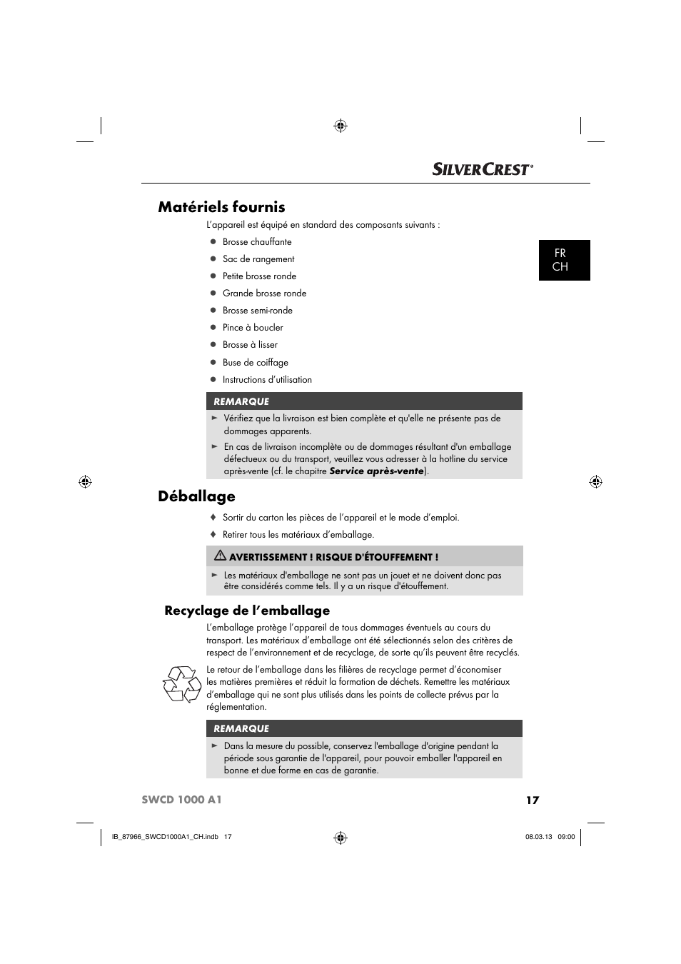 Matériels fournis, Déballage, Recyclage de l’emballage | Fr ch | Silvercrest SWCD 1000 A1 User Manual | Page 20 / 60