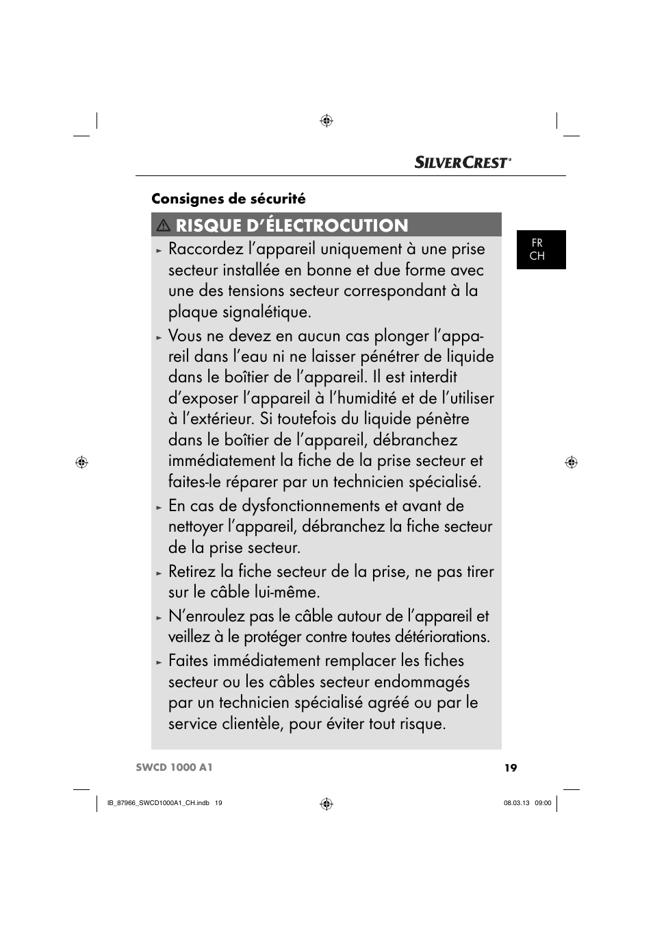 Risque d’électrocution, Consignes de sécurité | Silvercrest SWCD 1000 A1 User Manual | Page 22 / 60