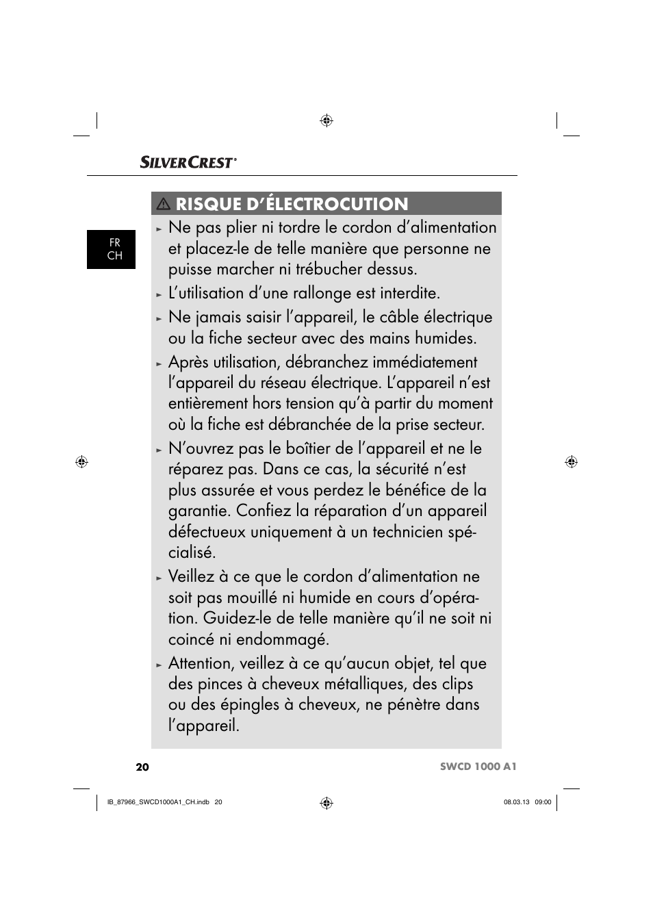 Risque d’électrocution, L’utilisation d’une rallonge est interdite | Silvercrest SWCD 1000 A1 User Manual | Page 23 / 60