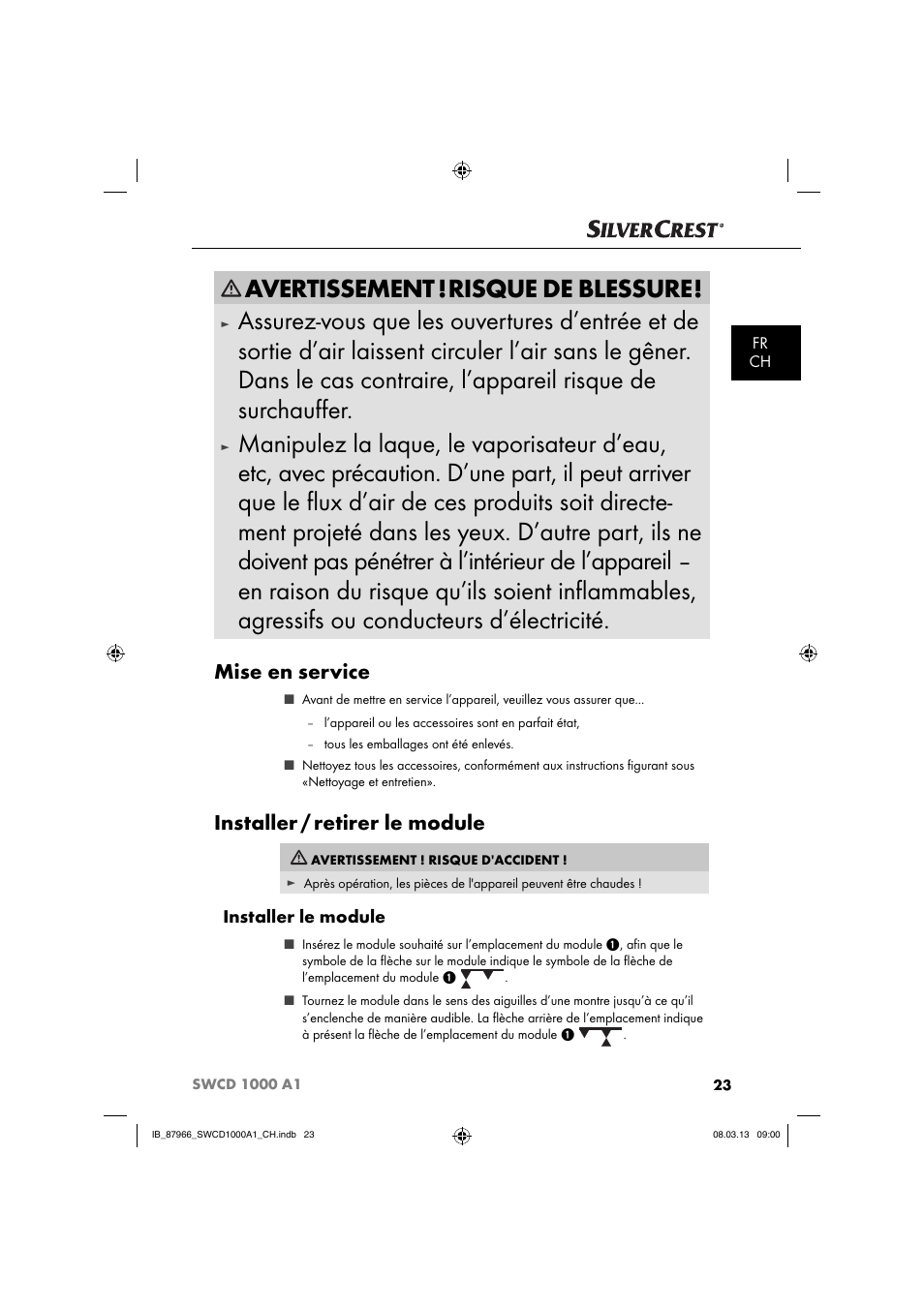 Avertissement ! risque de blessure, Mise en service, Installer / retirer le module | Installer le module | Silvercrest SWCD 1000 A1 User Manual | Page 26 / 60