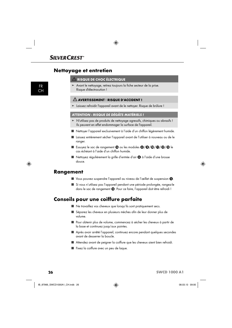 Nettoyage et entretien, Rangement, Conseils pour une coiﬀ ure parfaite | Fr ch | Silvercrest SWCD 1000 A1 User Manual | Page 29 / 60