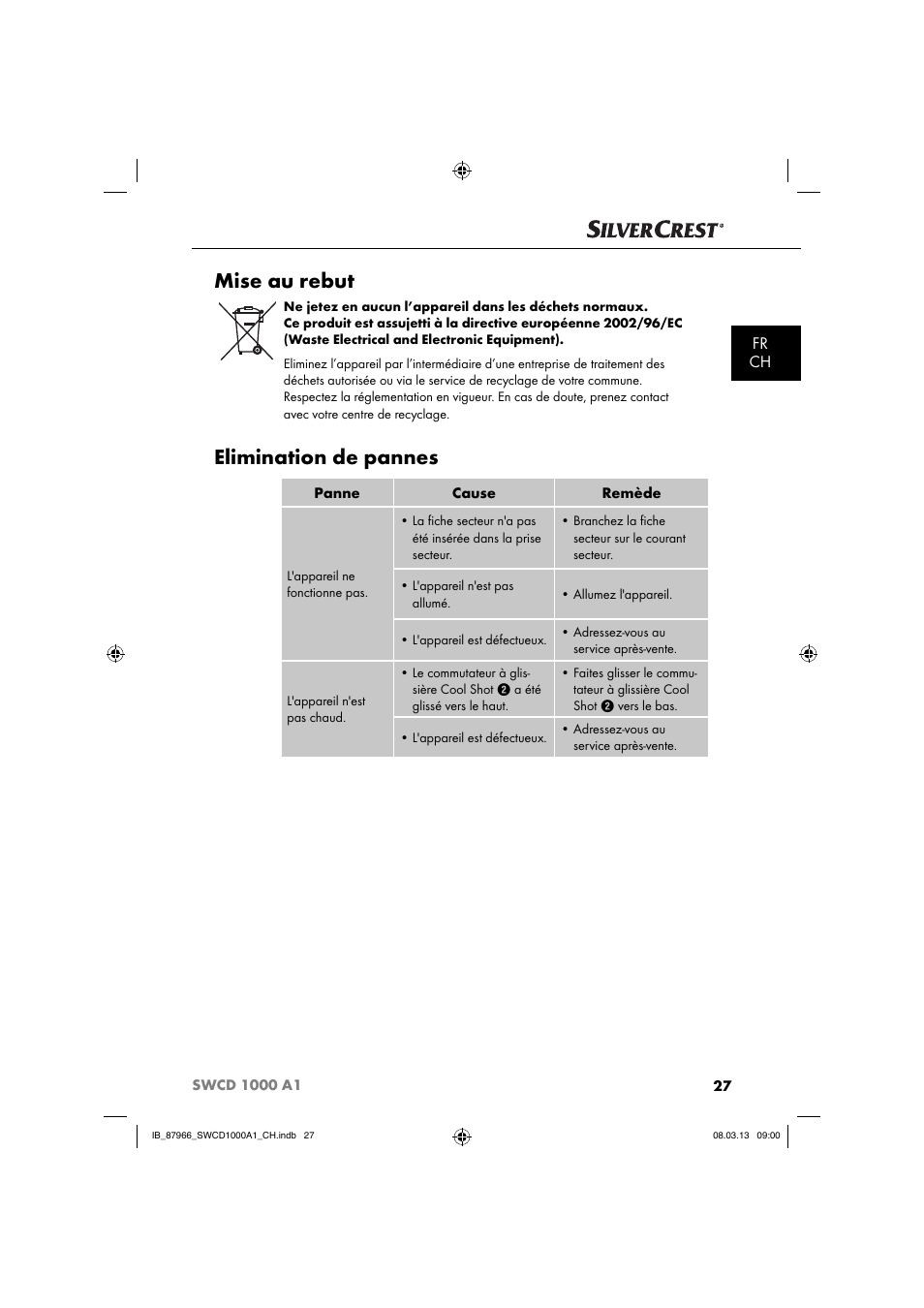 Mise au rebut, Elimination de pannes, Fr ch | Silvercrest SWCD 1000 A1 User Manual | Page 30 / 60