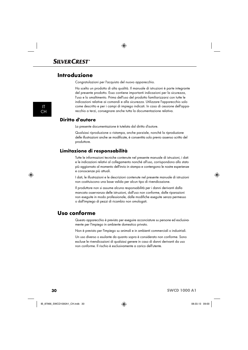 Introduzione, Uso conforme, Diritto d'autore | Limitazione di responsabilità, It ch | Silvercrest SWCD 1000 A1 User Manual | Page 33 / 60