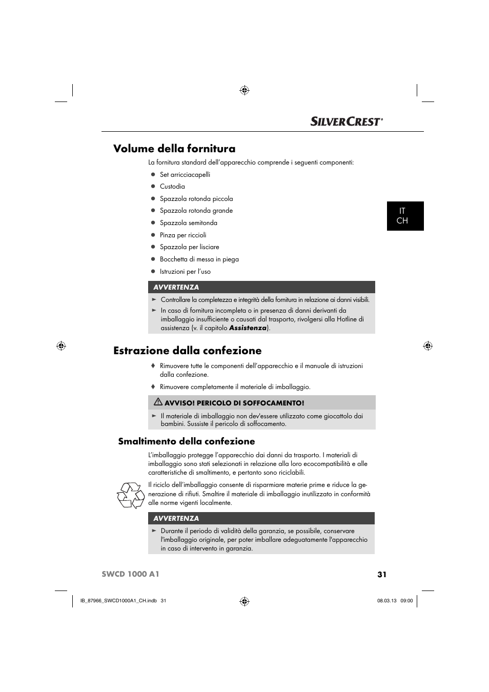 Volume della fornitura, Estrazione dalla confezione, Smaltimento della confezione | It ch | Silvercrest SWCD 1000 A1 User Manual | Page 34 / 60