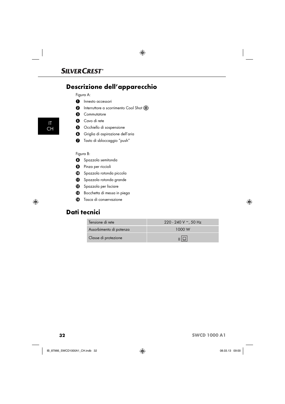 Descrizione dell’apparecchio, Dati tecnici, It ch | Silvercrest SWCD 1000 A1 User Manual | Page 35 / 60