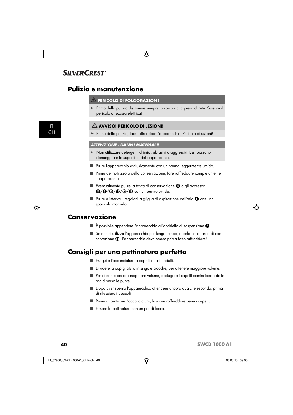 Pulizia e manutenzione, Conservazione, Consigli per una pettinatura perfetta | It ch | Silvercrest SWCD 1000 A1 User Manual | Page 43 / 60