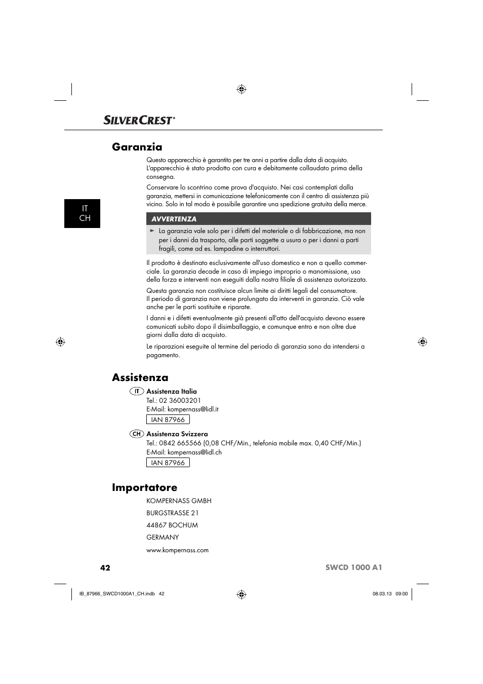 Garanzia, Assistenza, Importatore | It ch | Silvercrest SWCD 1000 A1 User Manual | Page 45 / 60