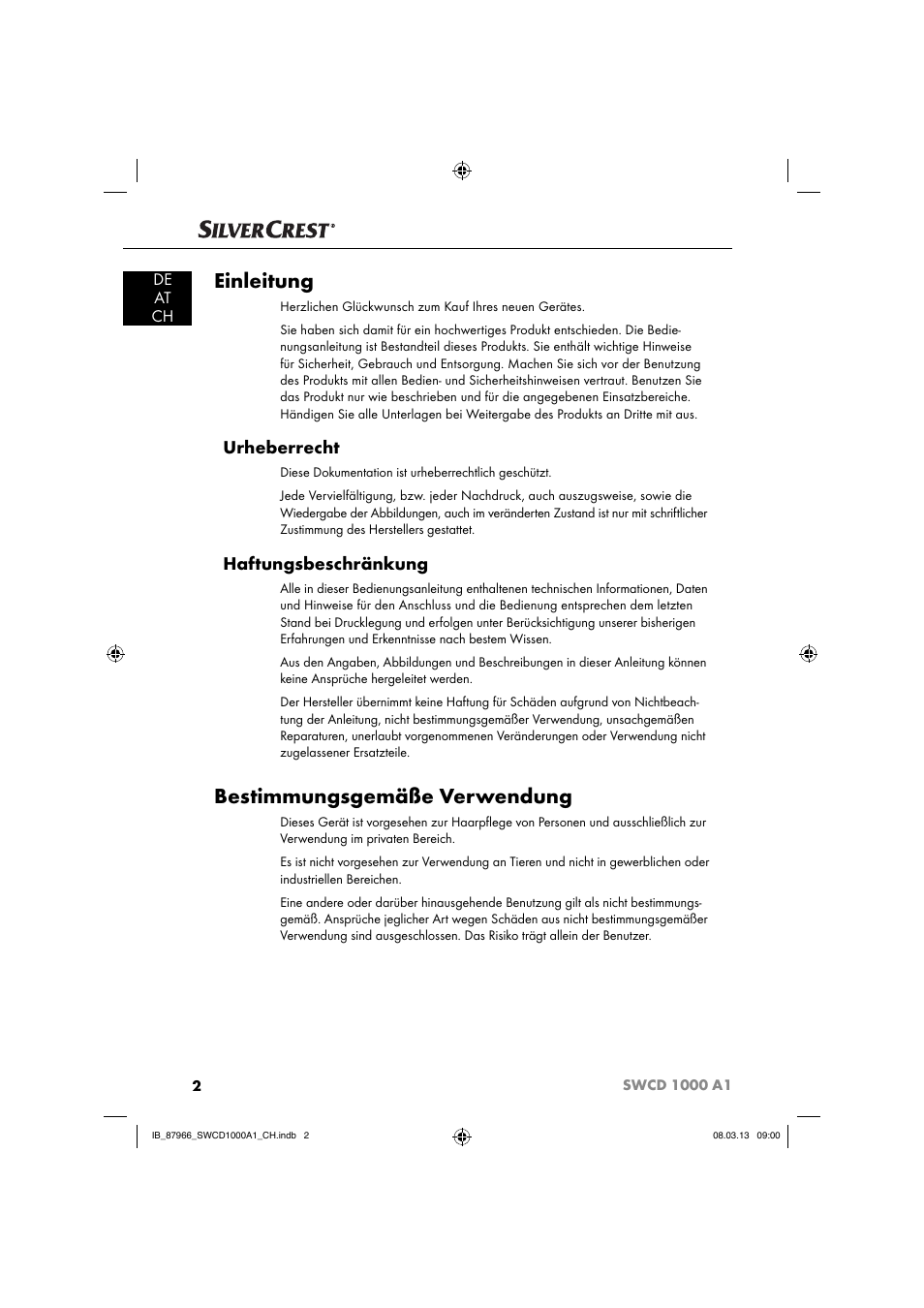 Einleitung, Bestimmungsgemäße verwendung, Urheberrecht | Haftungsbeschränkung, De at ch | Silvercrest SWCD 1000 A1 User Manual | Page 5 / 60