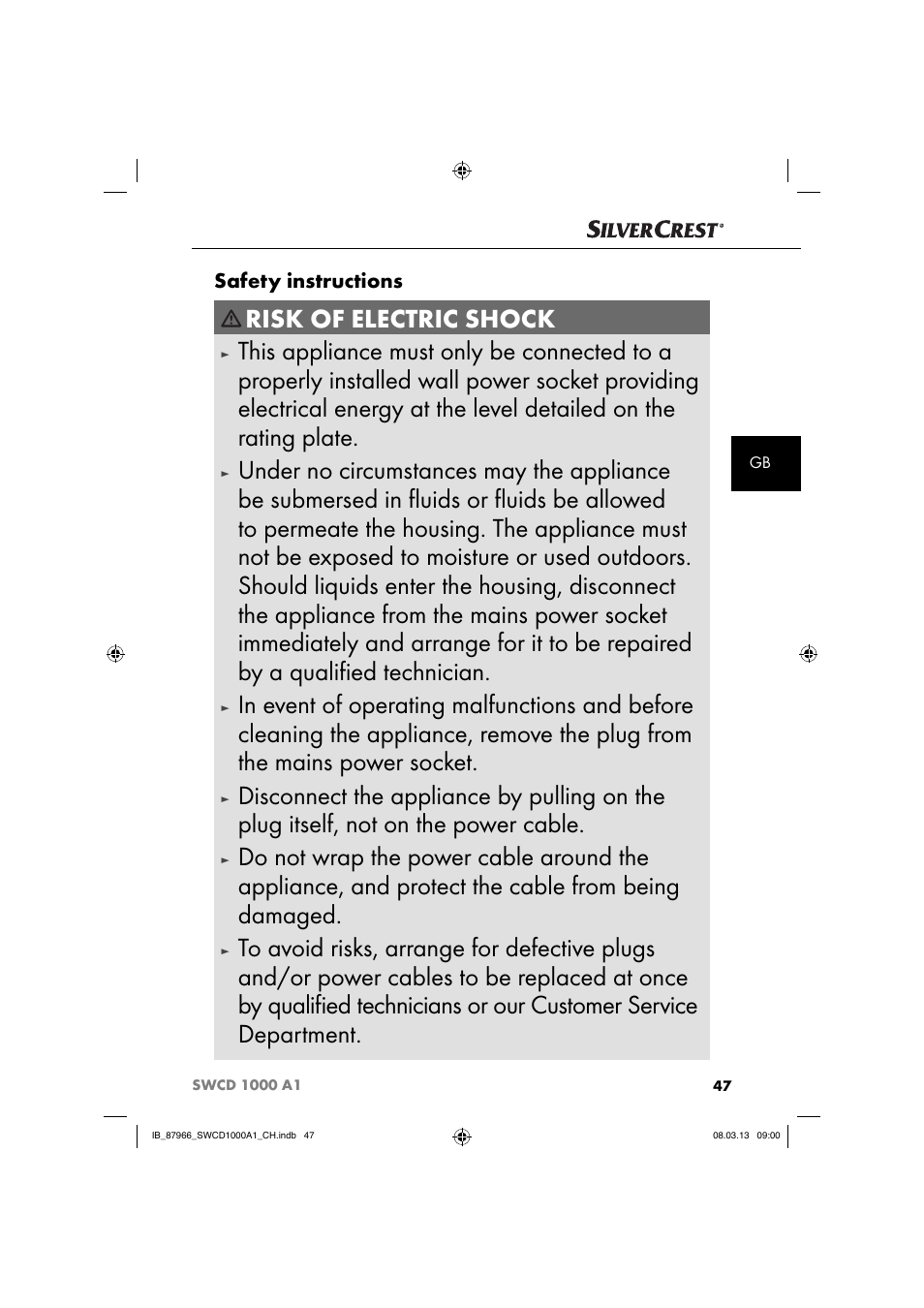 Risk of electric shock, Safety instructions | Silvercrest SWCD 1000 A1 User Manual | Page 50 / 60