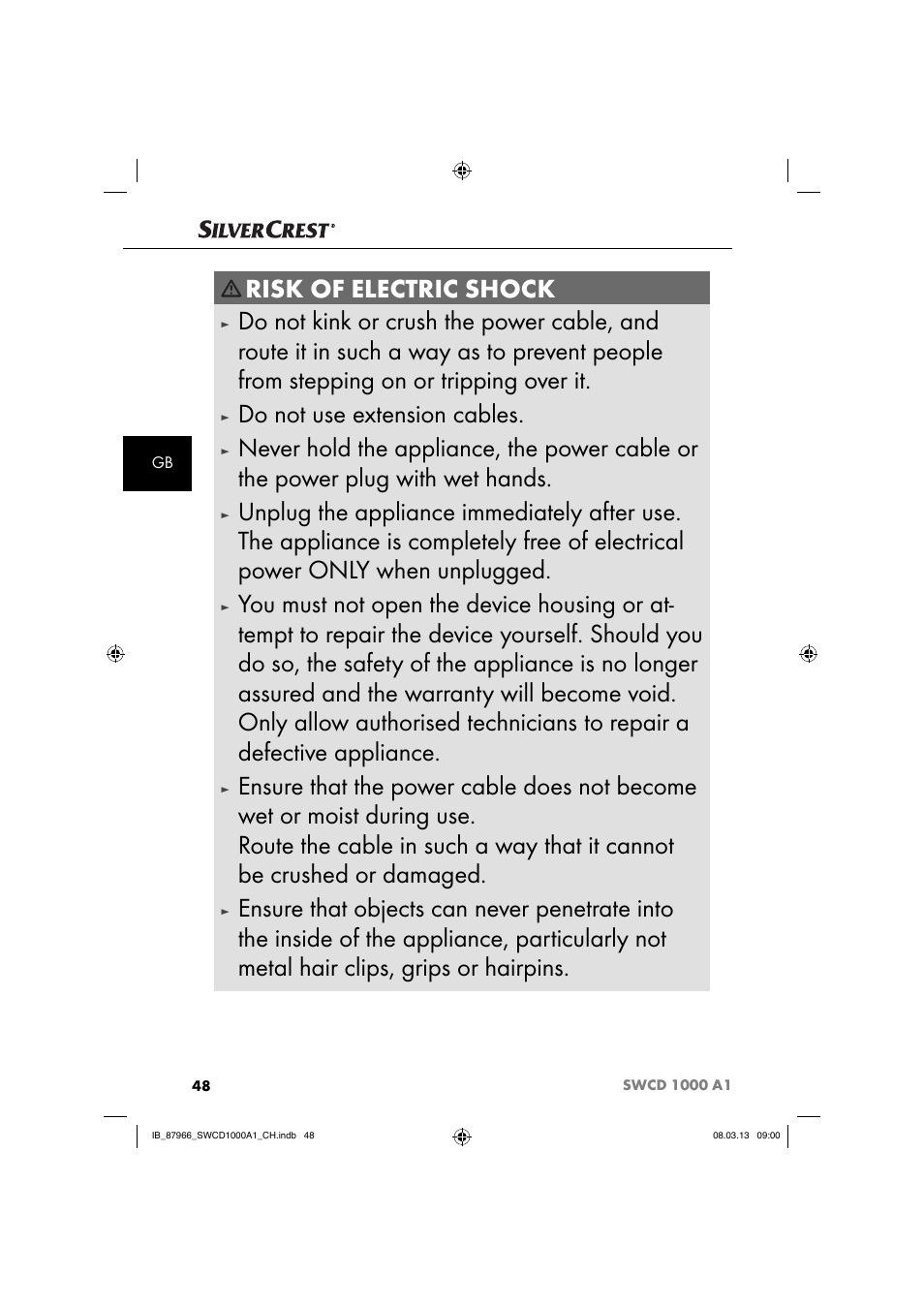 Risk of electric shock, Do not use extension cables | Silvercrest SWCD 1000 A1 User Manual | Page 51 / 60