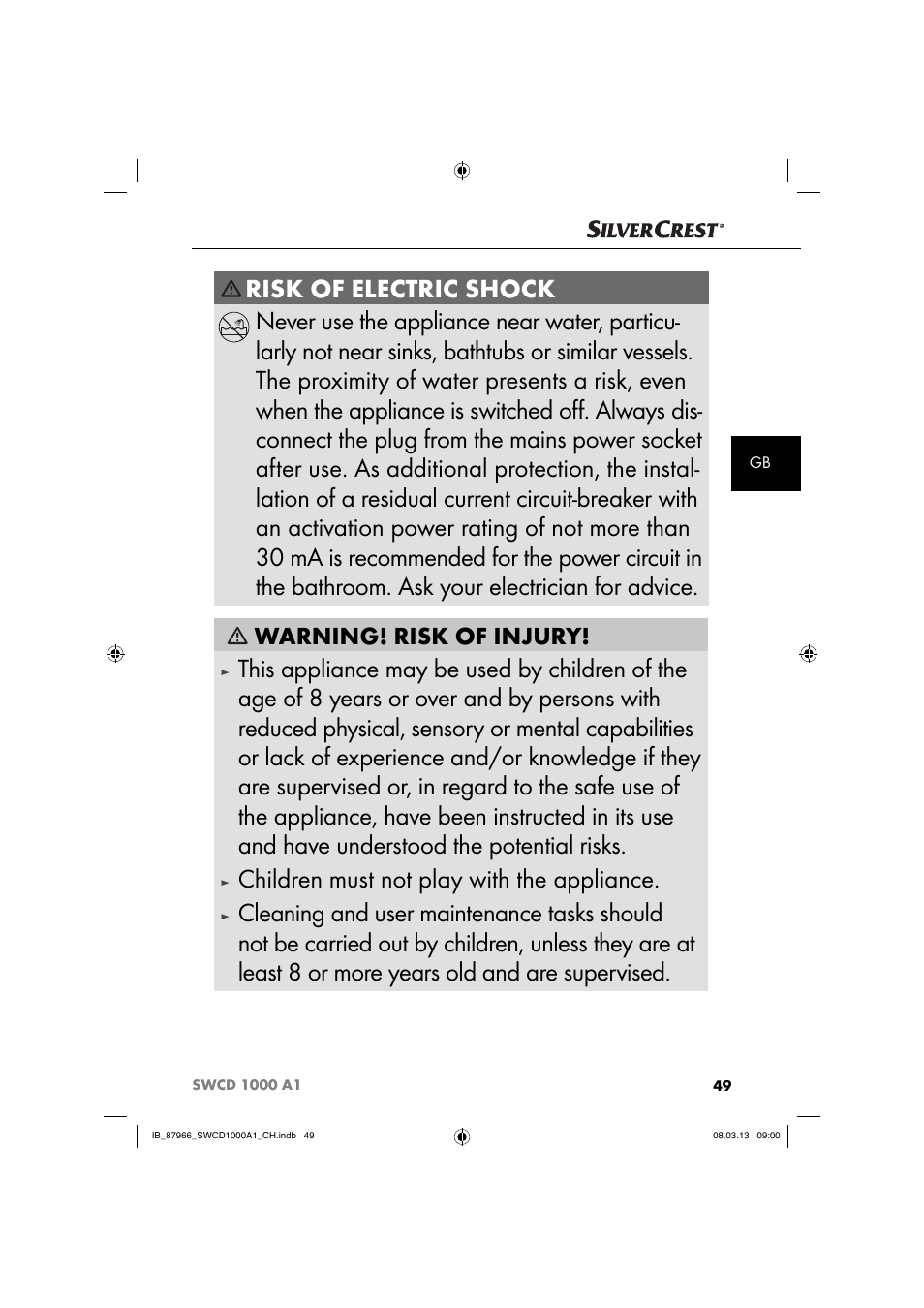 Children must not play with the appliance, Warning! risk of injury | Silvercrest SWCD 1000 A1 User Manual | Page 52 / 60