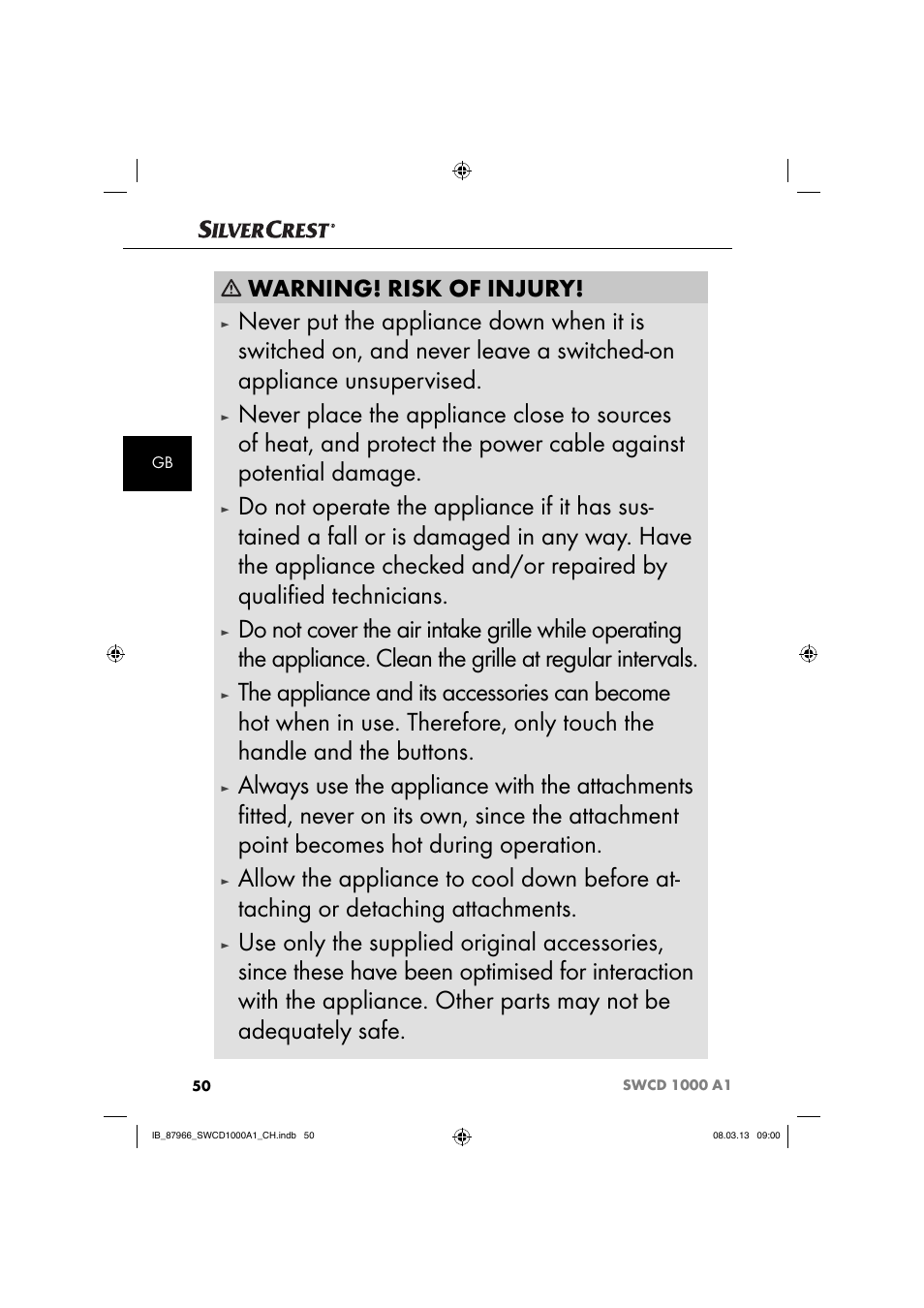 Warning! risk of injury | Silvercrest SWCD 1000 A1 User Manual | Page 53 / 60