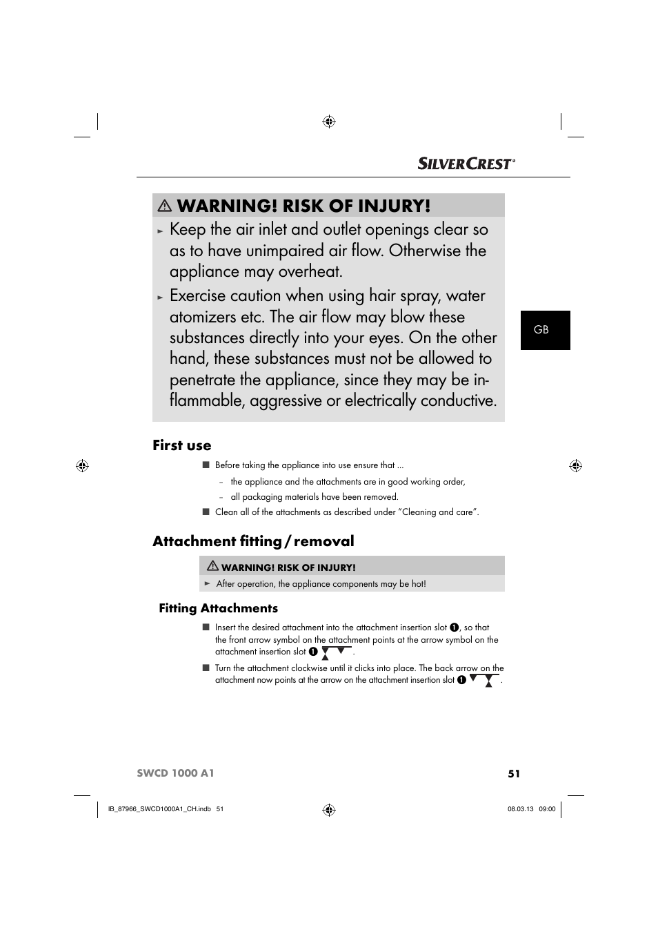 Warning! risk of injury, First use, Attachment ﬁ tting / removal | Fitting attachments | Silvercrest SWCD 1000 A1 User Manual | Page 54 / 60