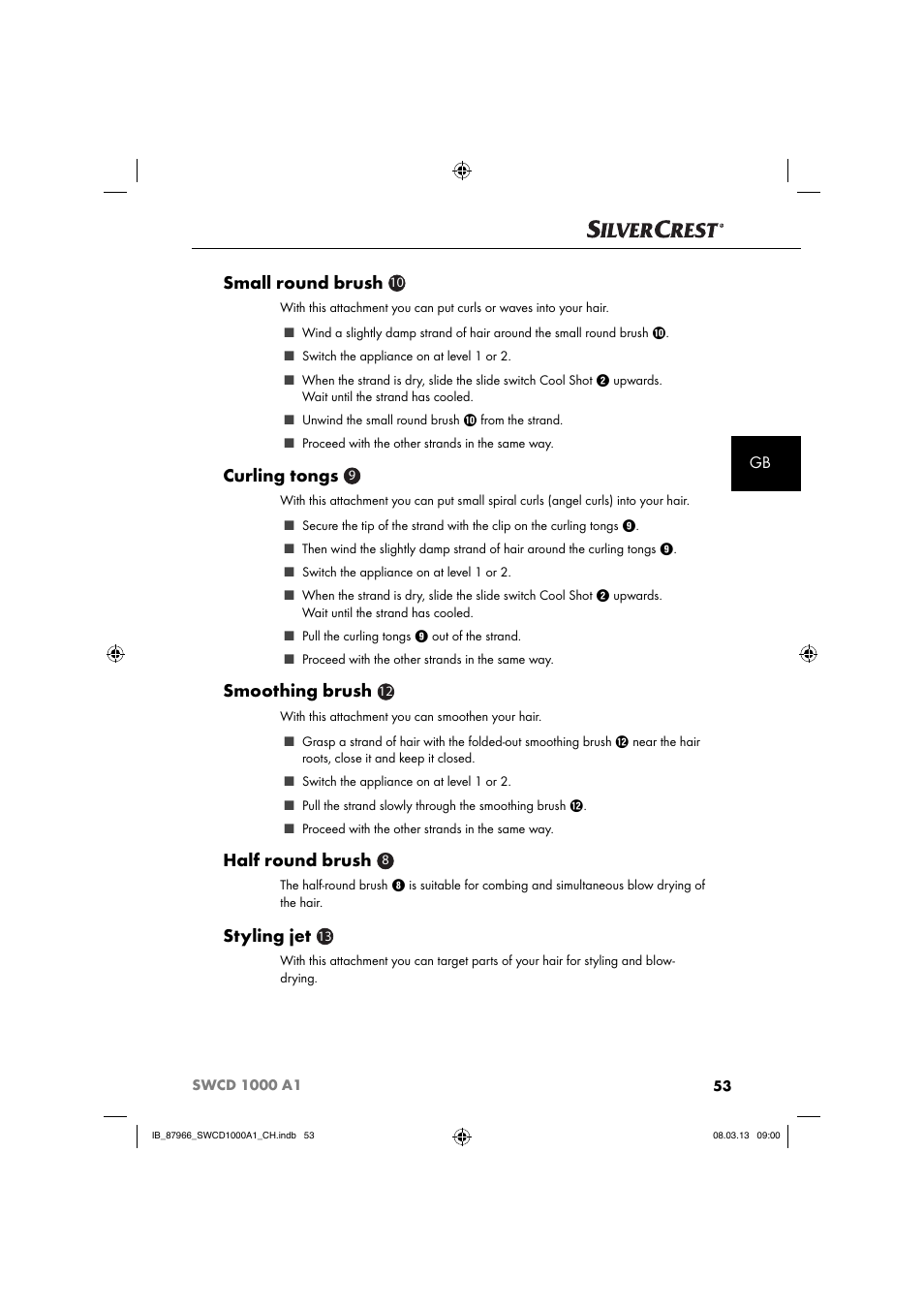 Small round brush, Curling tongs, Smoothing brush | Half round brush, Styling jet | Silvercrest SWCD 1000 A1 User Manual | Page 56 / 60