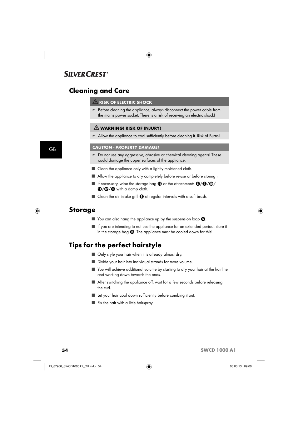 Cleaning and care, Storage, Tips for the perfect hairstyle | Silvercrest SWCD 1000 A1 User Manual | Page 57 / 60