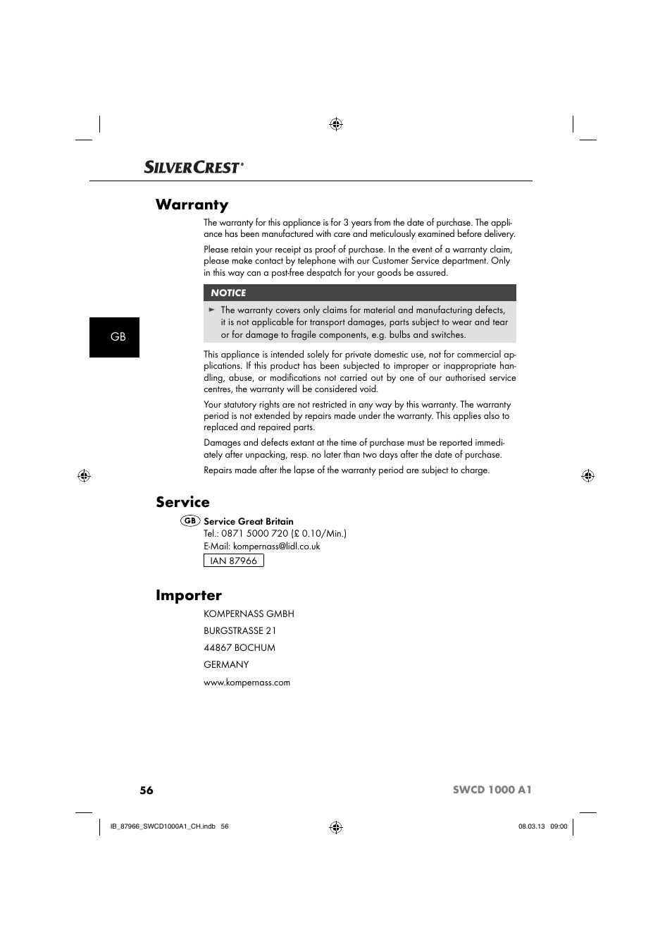 Warranty, Service, Importer | Silvercrest SWCD 1000 A1 User Manual | Page 59 / 60