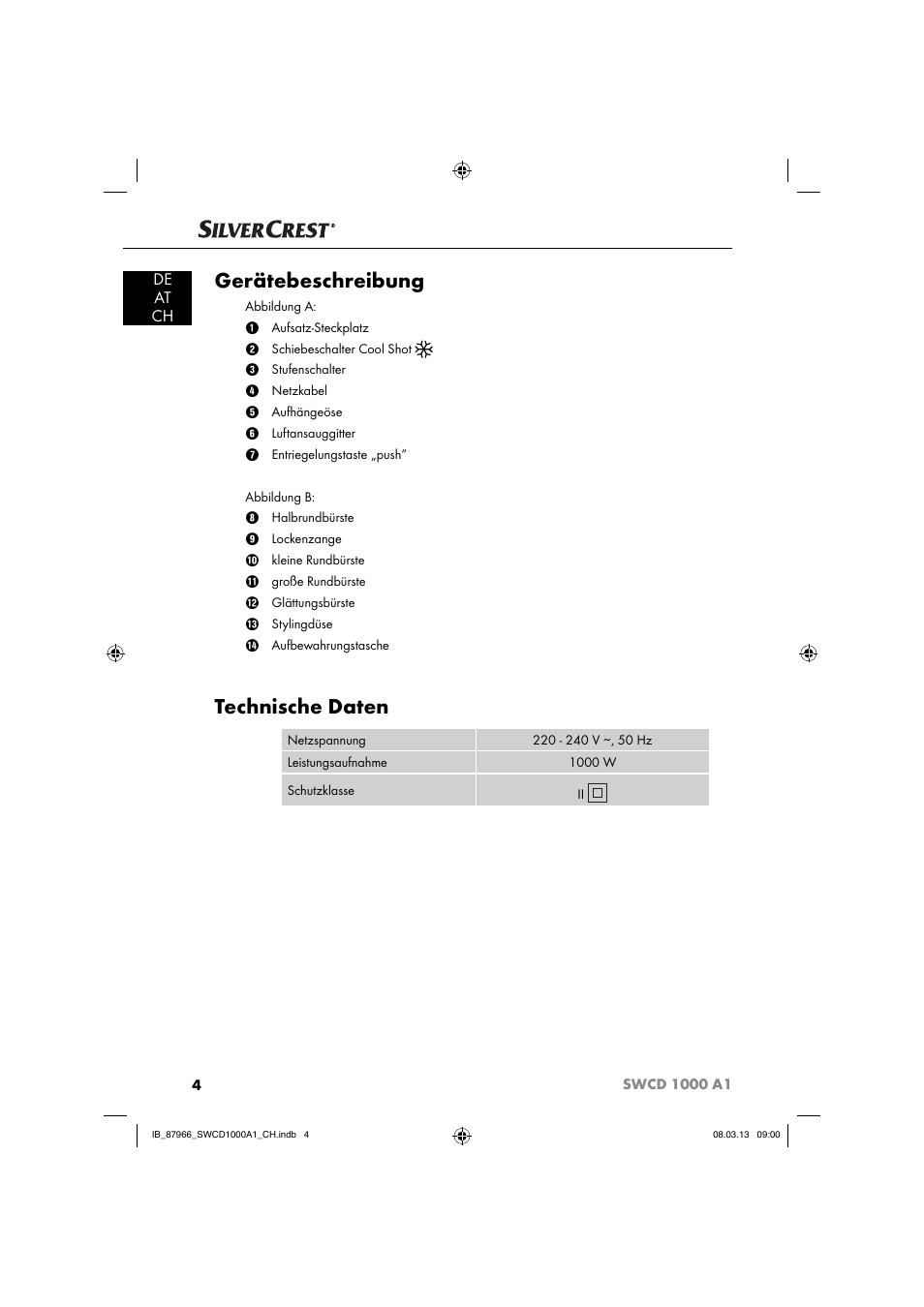 Gerätebeschreibung, Technische daten, De at ch | Silvercrest SWCD 1000 A1 User Manual | Page 7 / 60