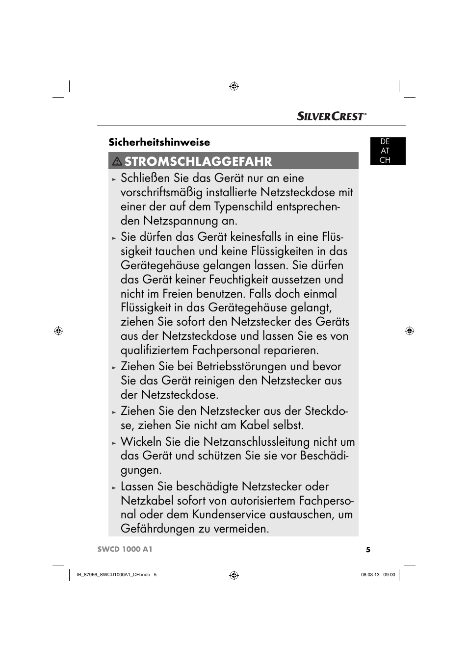 Stromschlaggefahr, Sicherheitshinweise | Silvercrest SWCD 1000 A1 User Manual | Page 8 / 60