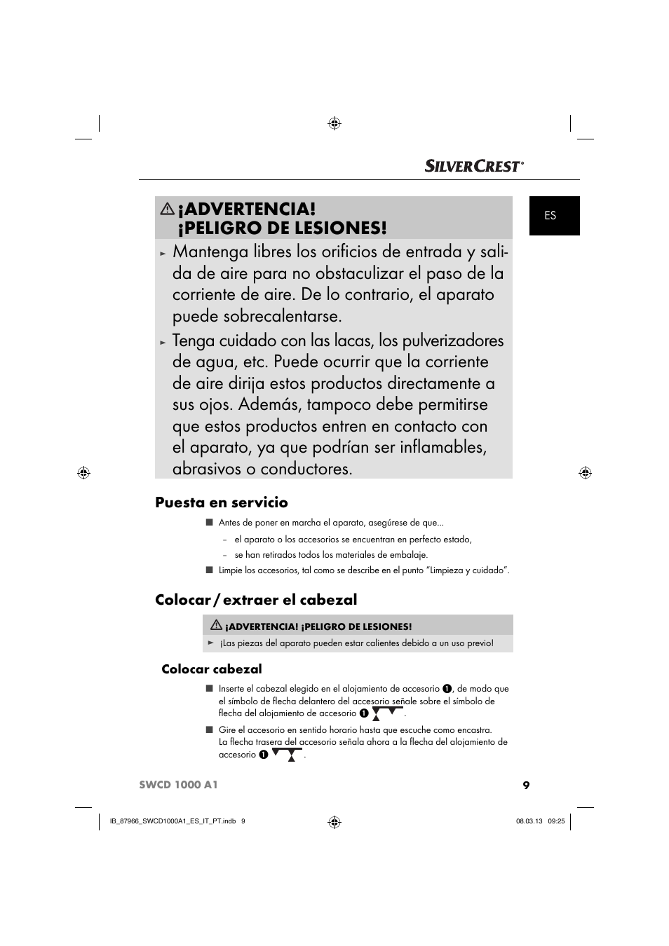 Advertencia! ¡peligro de lesiones, Puesta en servicio, Colocar / extraer el cabezal | Colocar cabezal | Silvercrest SWCD 1000 A1 User Manual | Page 12 / 74