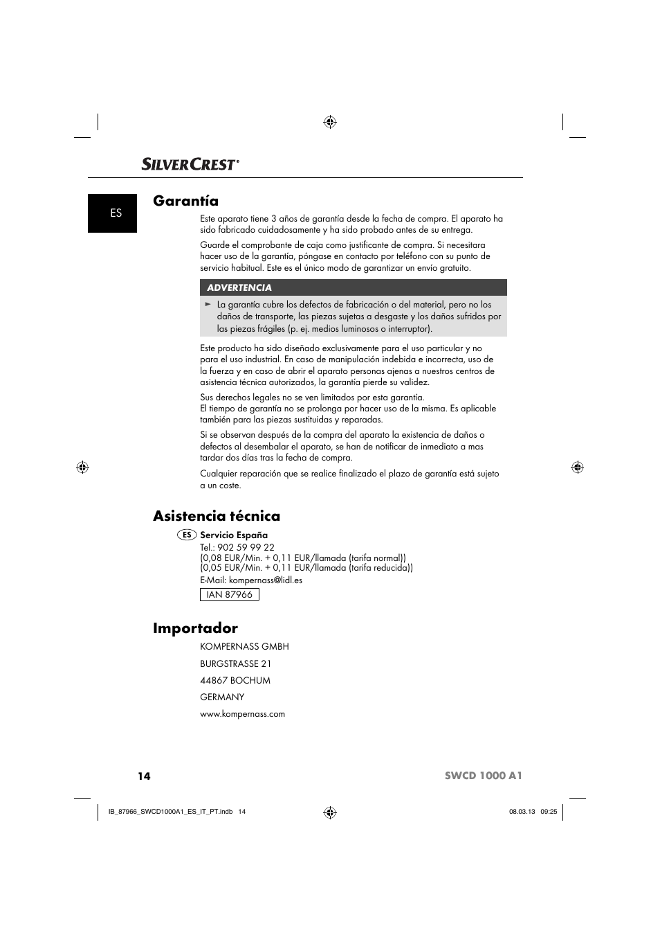 Garantía, Asistencia técnica, Importador | Silvercrest SWCD 1000 A1 User Manual | Page 17 / 74