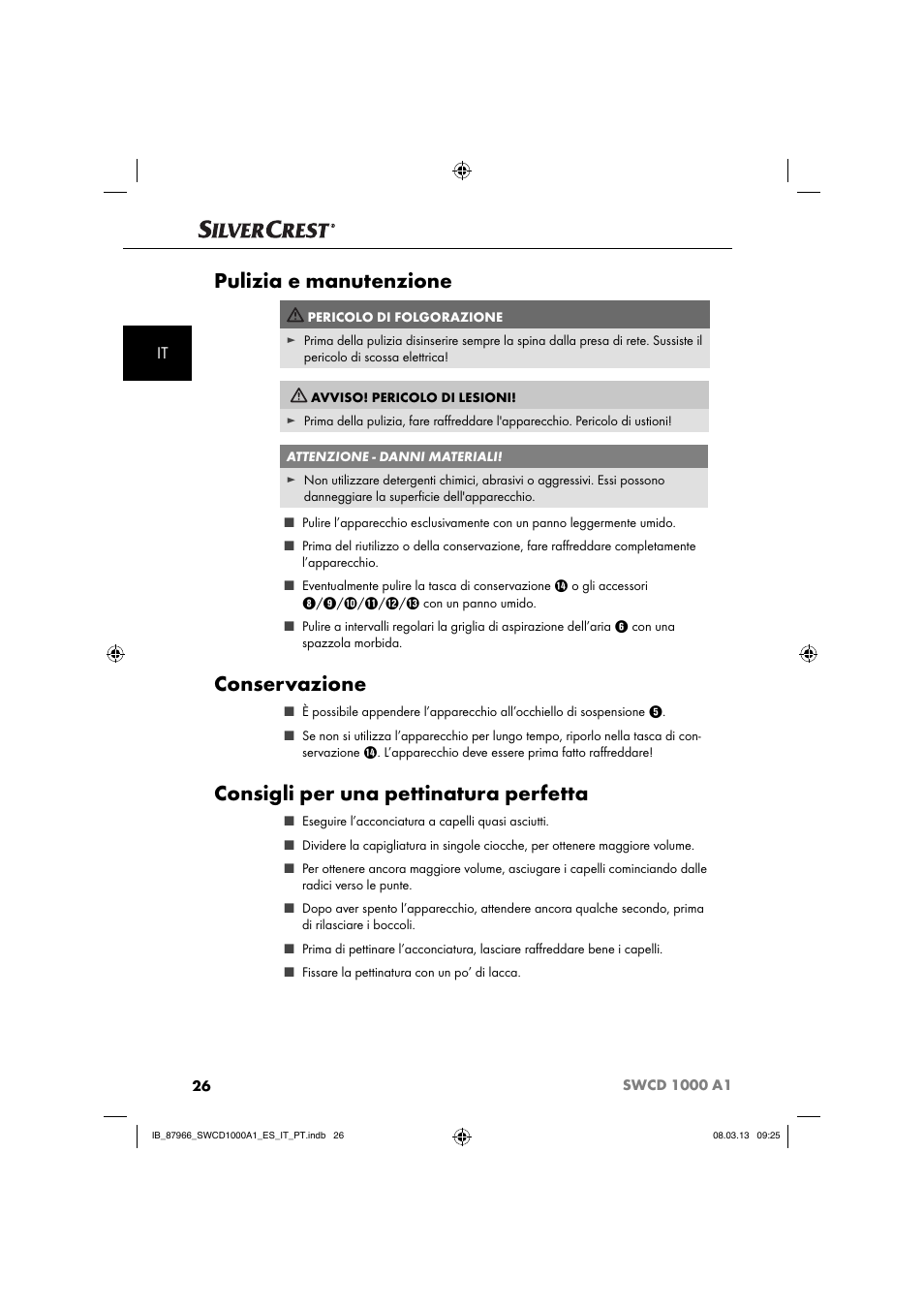 Pulizia e manutenzione, Conservazione, Consigli per una pettinatura perfetta | Silvercrest SWCD 1000 A1 User Manual | Page 29 / 74