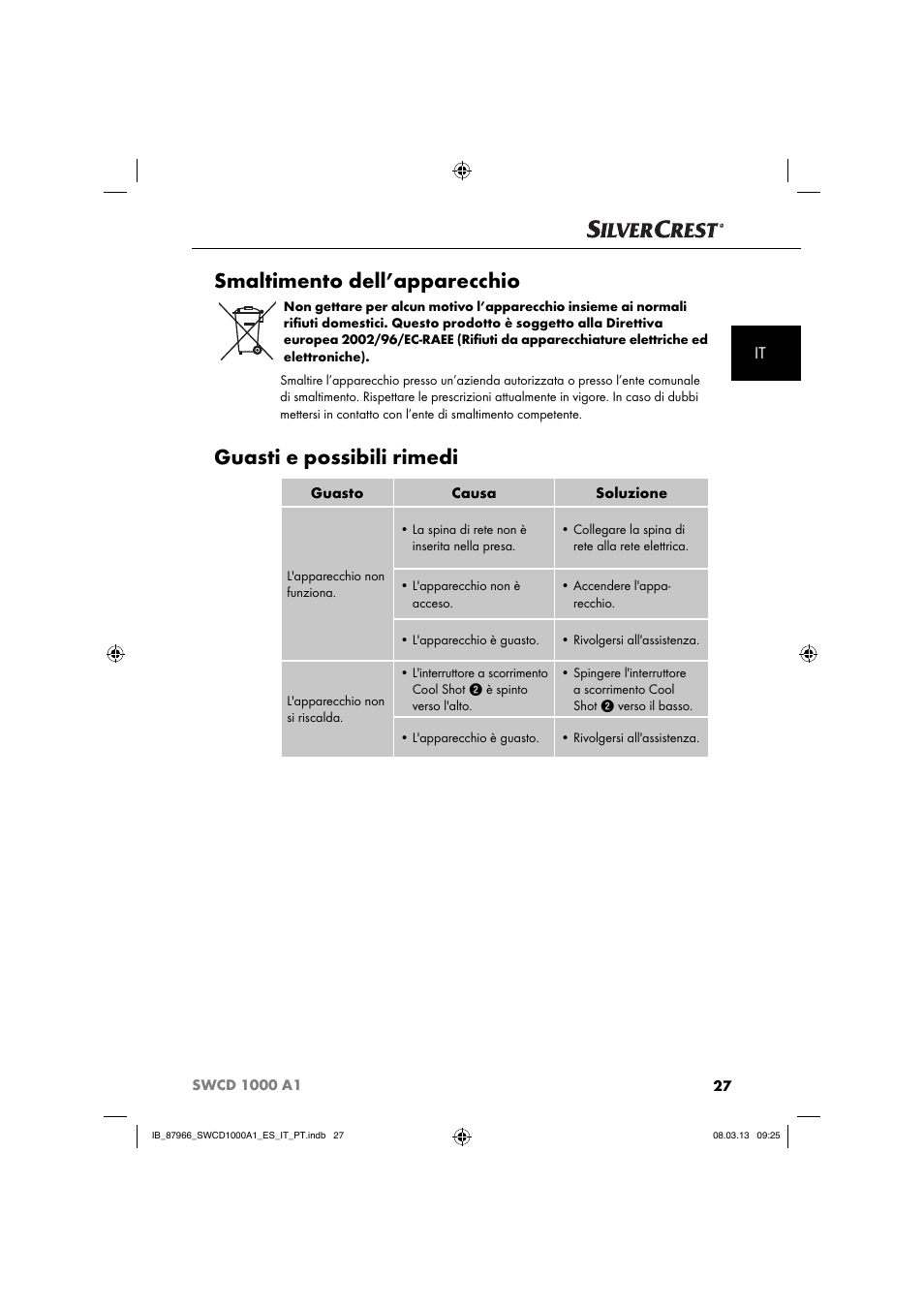 Smaltimento dell’apparecchio, Guasti e possibili rimedi | Silvercrest SWCD 1000 A1 User Manual | Page 30 / 74