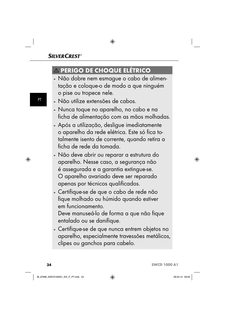 Perigo de choque elétrico, Não utilize extensões de cabos | Silvercrest SWCD 1000 A1 User Manual | Page 37 / 74