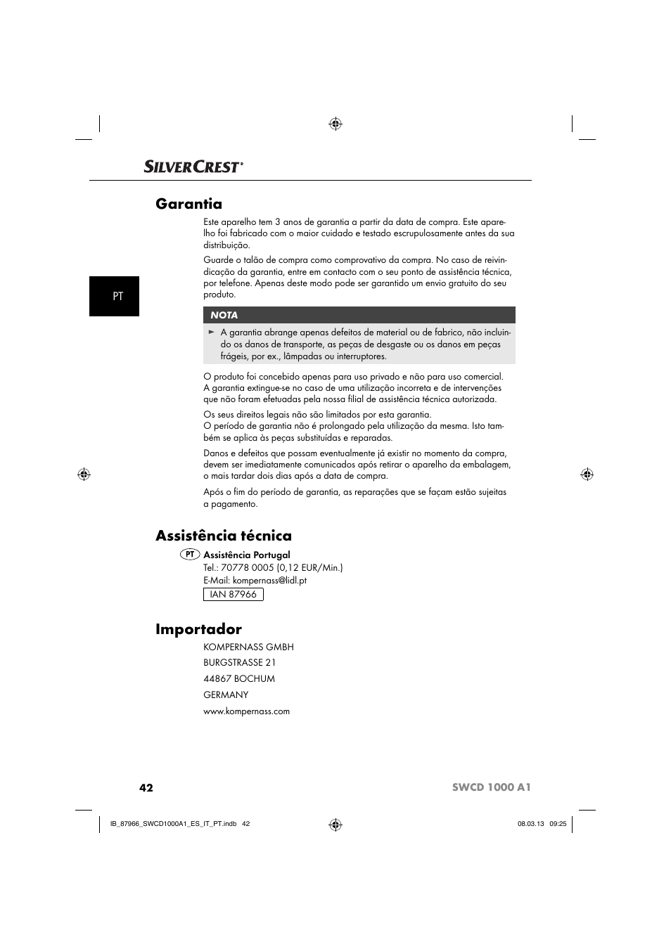 Garantia, Assistência técnica, Importador | Silvercrest SWCD 1000 A1 User Manual | Page 45 / 74