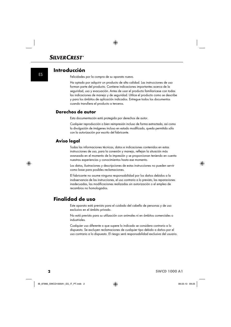 Introducción, Finalidad de uso, Derechos de autor | Aviso legal | Silvercrest SWCD 1000 A1 User Manual | Page 5 / 74