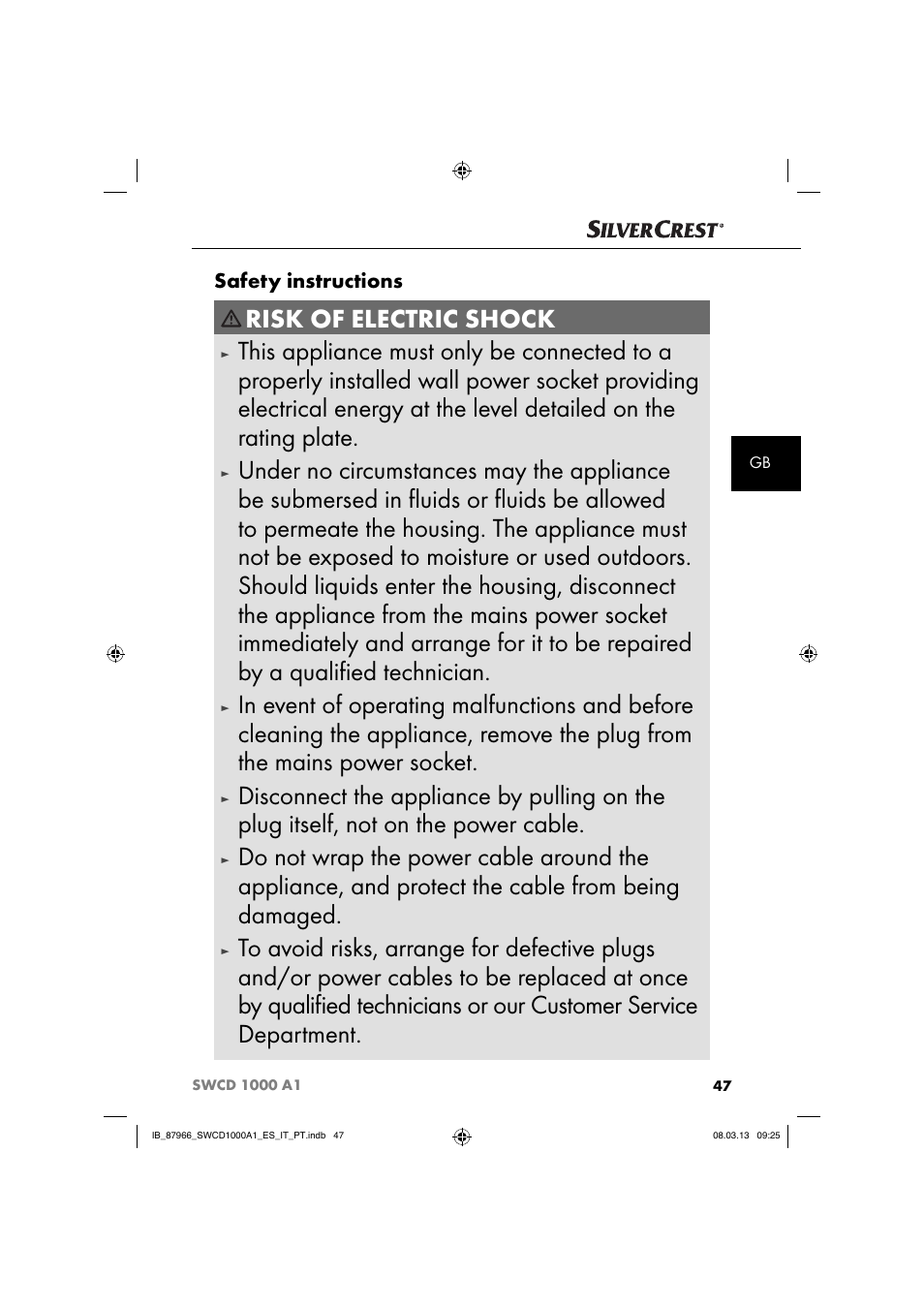 Risk of electric shock, Safety instructions | Silvercrest SWCD 1000 A1 User Manual | Page 50 / 74