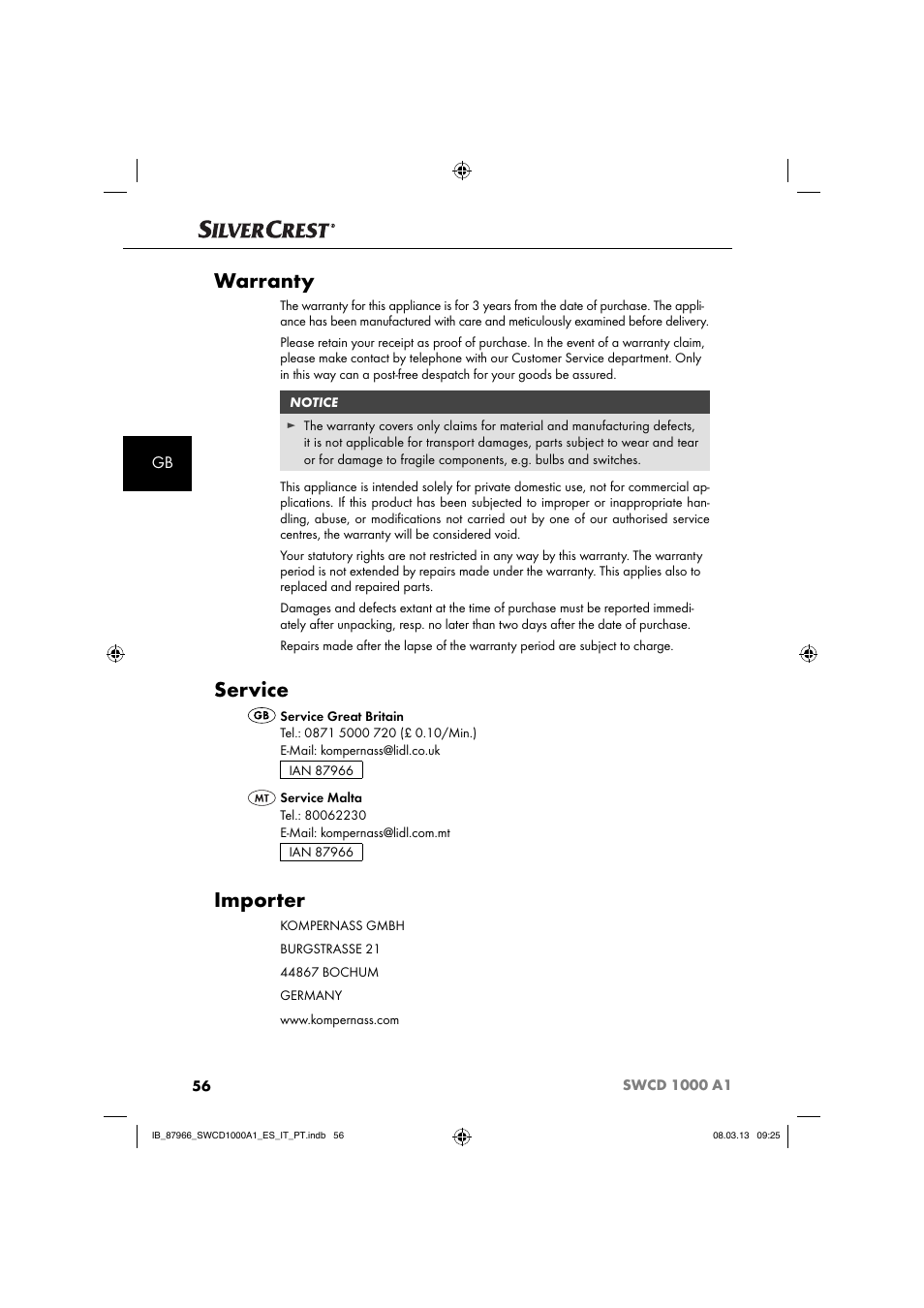 Warranty, Service, Importer | Silvercrest SWCD 1000 A1 User Manual | Page 59 / 74