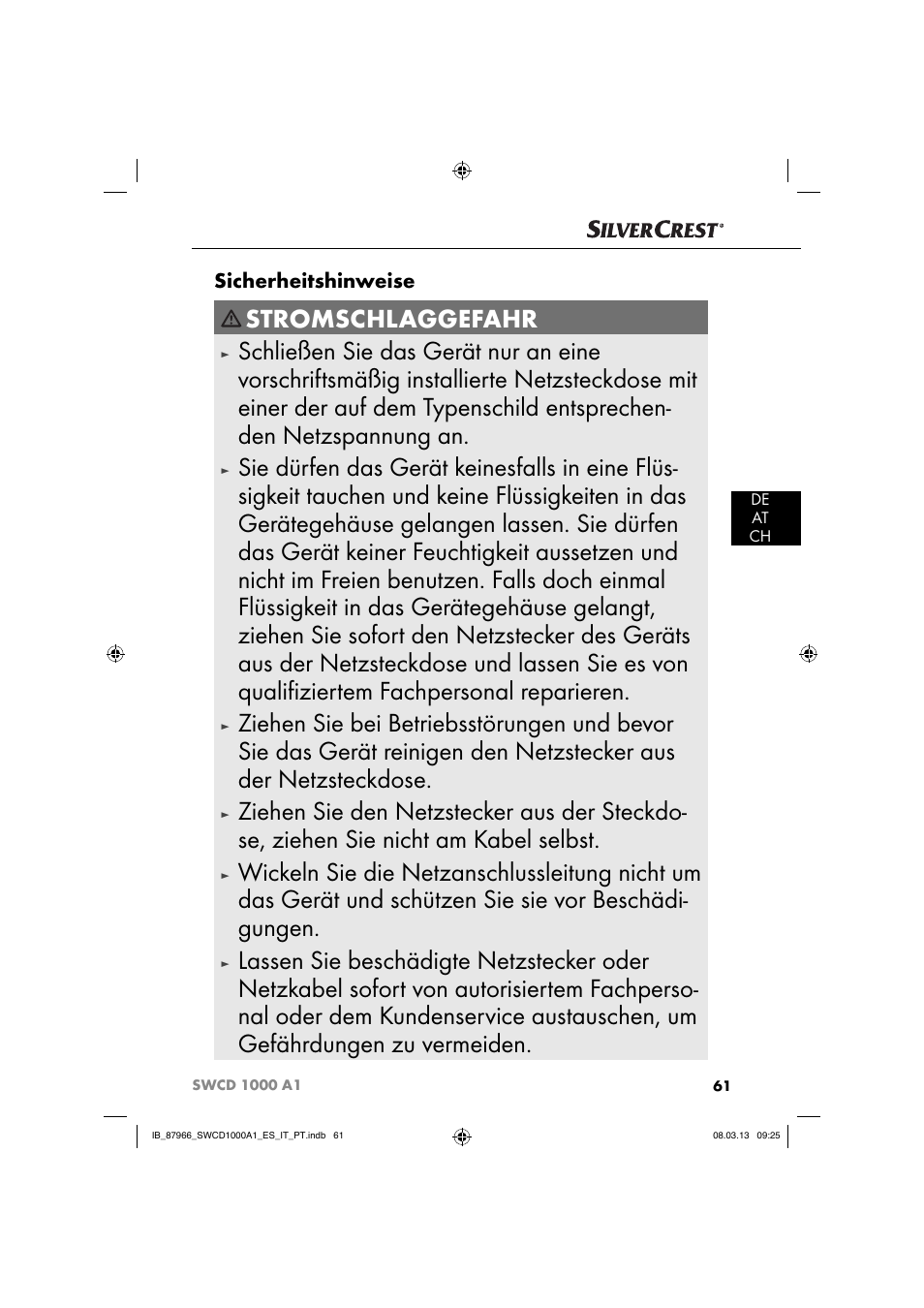 Stromschlaggefahr, Sicherheitshinweise | Silvercrest SWCD 1000 A1 User Manual | Page 64 / 74