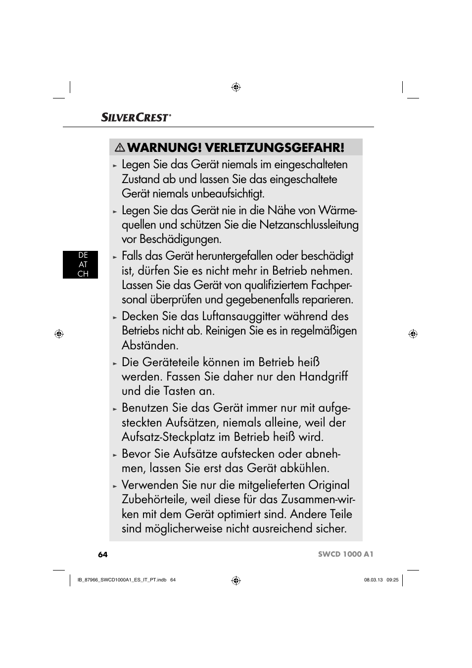 Warnung! verletzungsgefahr | Silvercrest SWCD 1000 A1 User Manual | Page 67 / 74