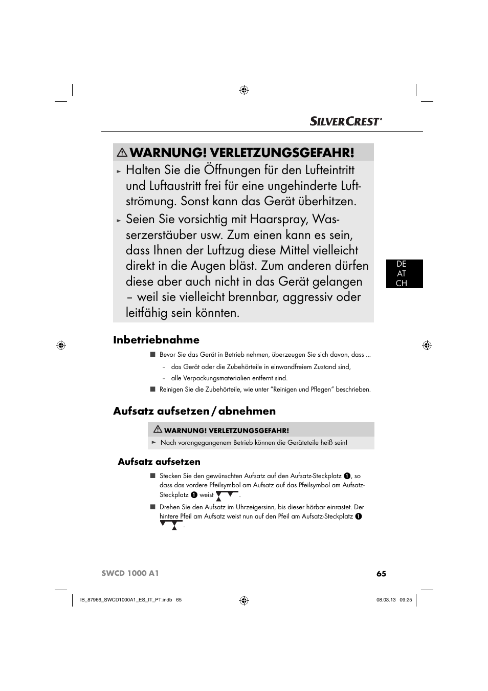 Warnung! verletzungsgefahr, Inbetriebnahme, Aufsatz aufsetzen / abnehmen | Aufsatz aufsetzen | Silvercrest SWCD 1000 A1 User Manual | Page 68 / 74