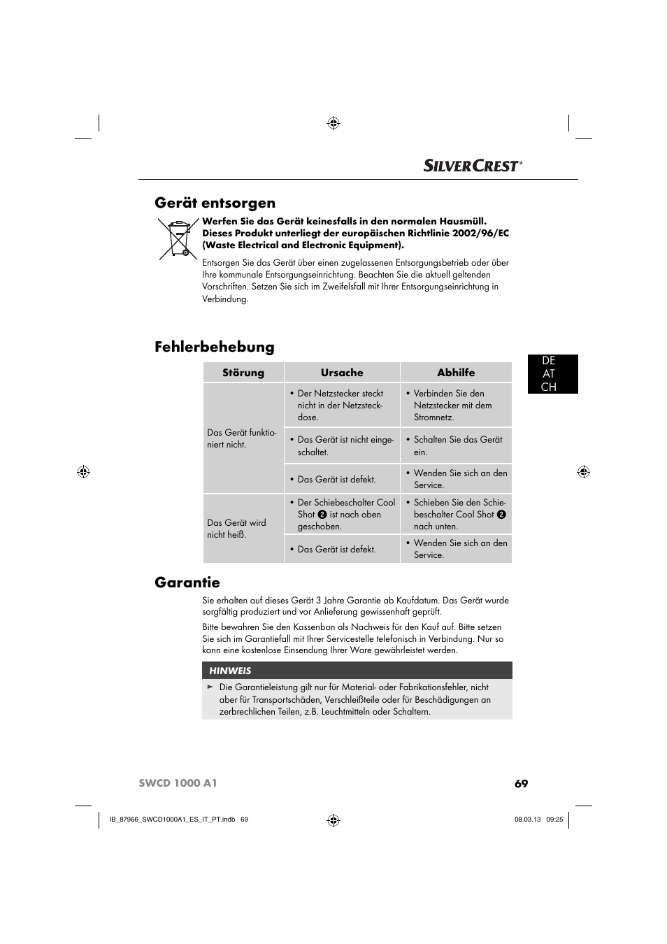 Gerät entsorgen, Fehlerbehebung, Garantie | De at ch | Silvercrest SWCD 1000 A1 User Manual | Page 72 / 74