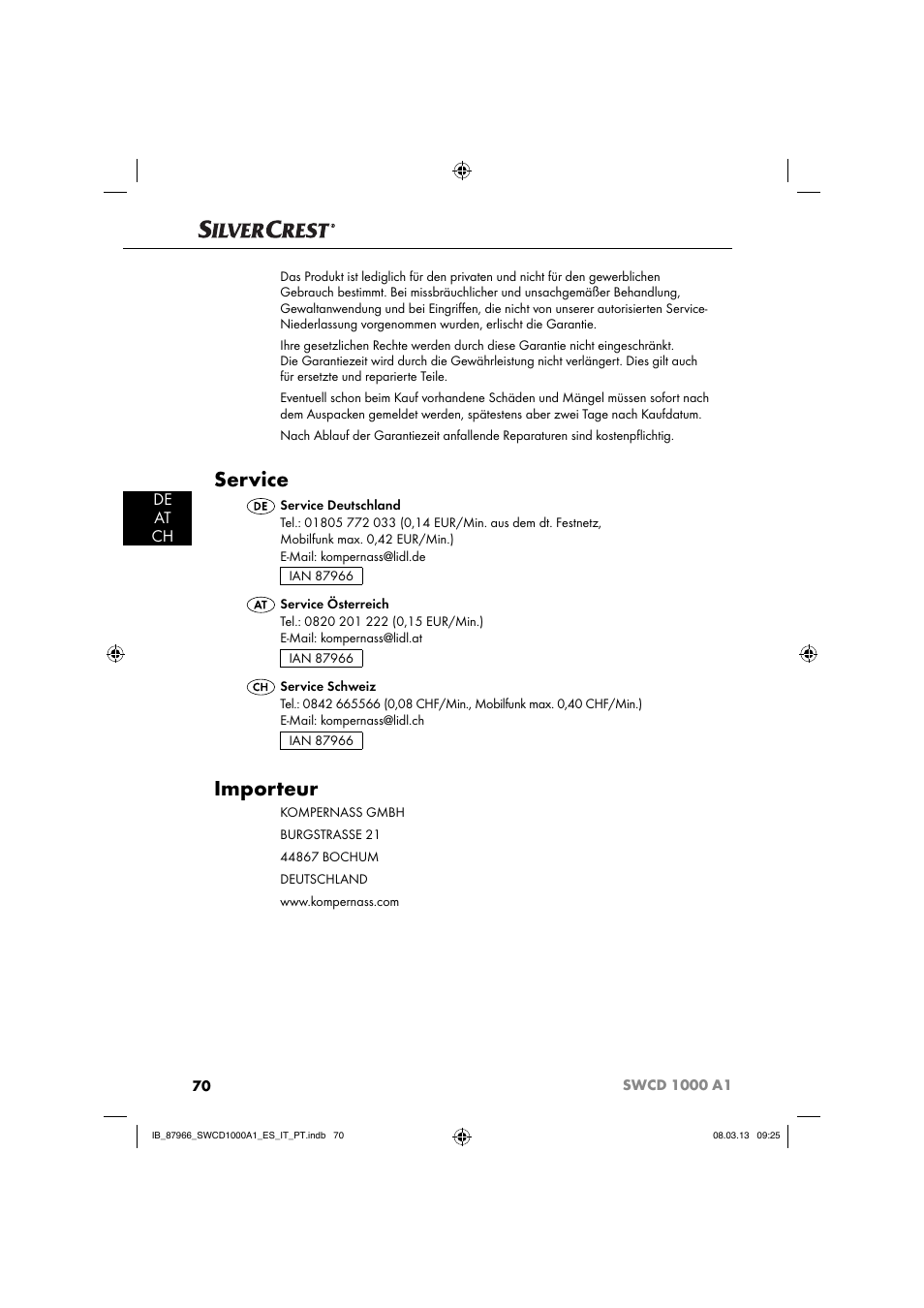 Service, Importeur, De at ch | Silvercrest SWCD 1000 A1 User Manual | Page 73 / 74